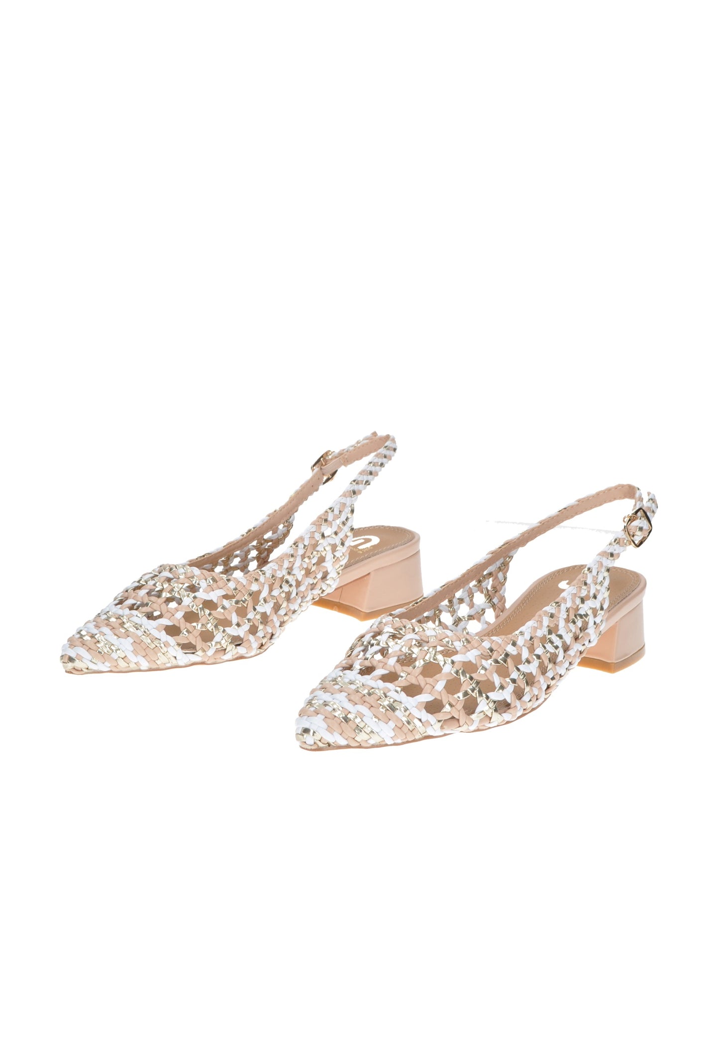Elegant gold and silver slingback sandals with a chunky heel and pointed toe design.