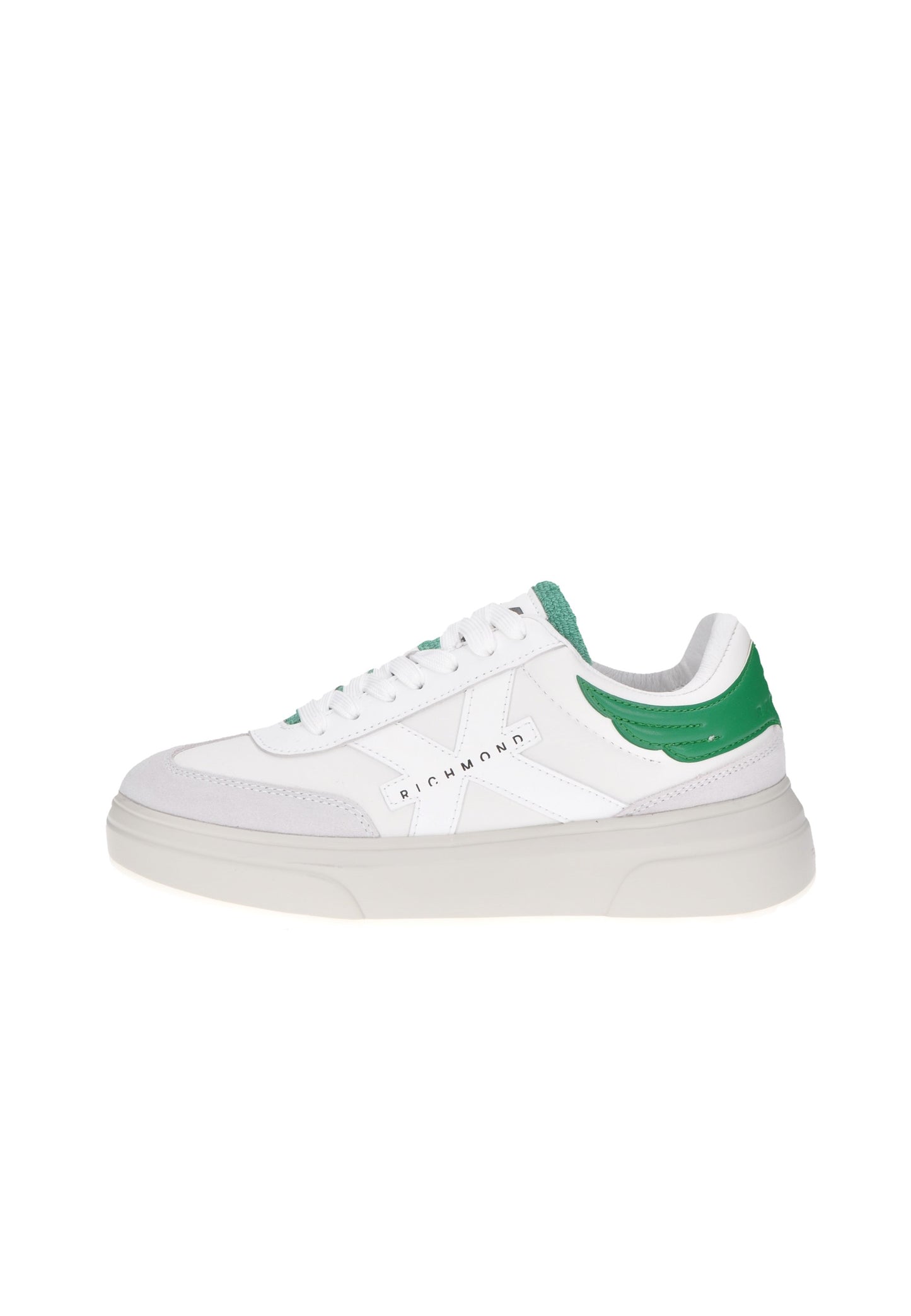 27310/CP sneaker JOHN RICHMOND, white with green accents, padded leather, high rubber sole, stylish and comfortable footwear.