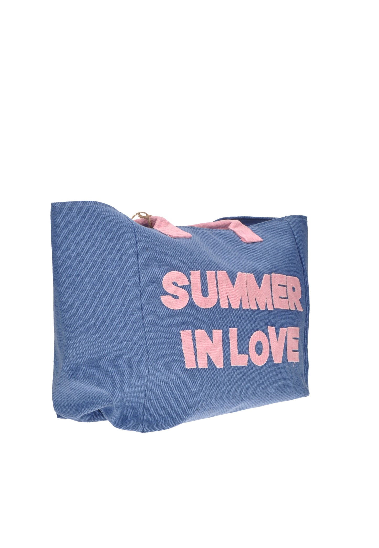 Blue shopping bag with pink text 'SUMMER IN LOVE', perfect for beach outings and summer activities.