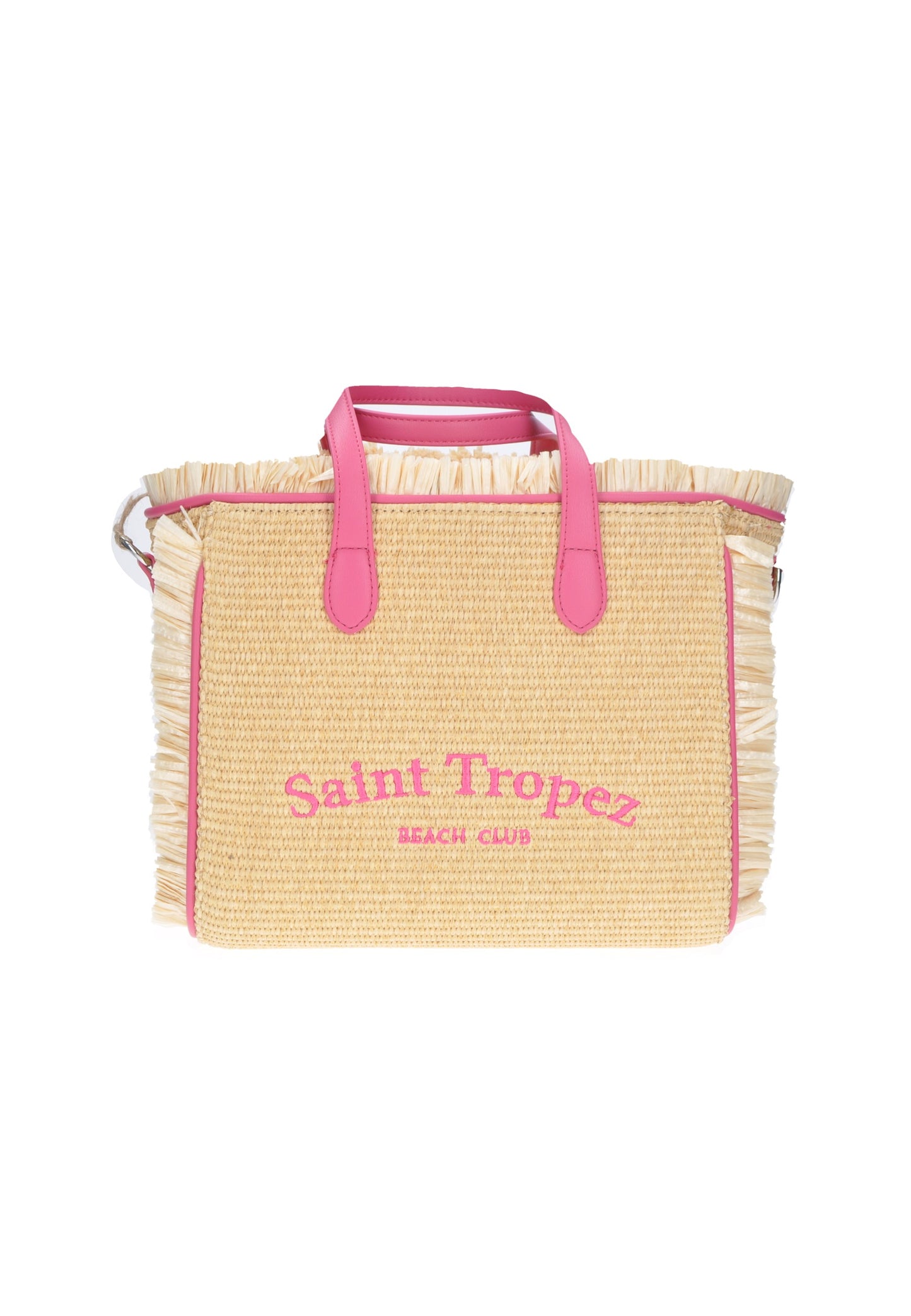 Borsa a mano in rafia con bordi frangiati e maniglie rosa, con scritta Saint Tropez Beach Club.