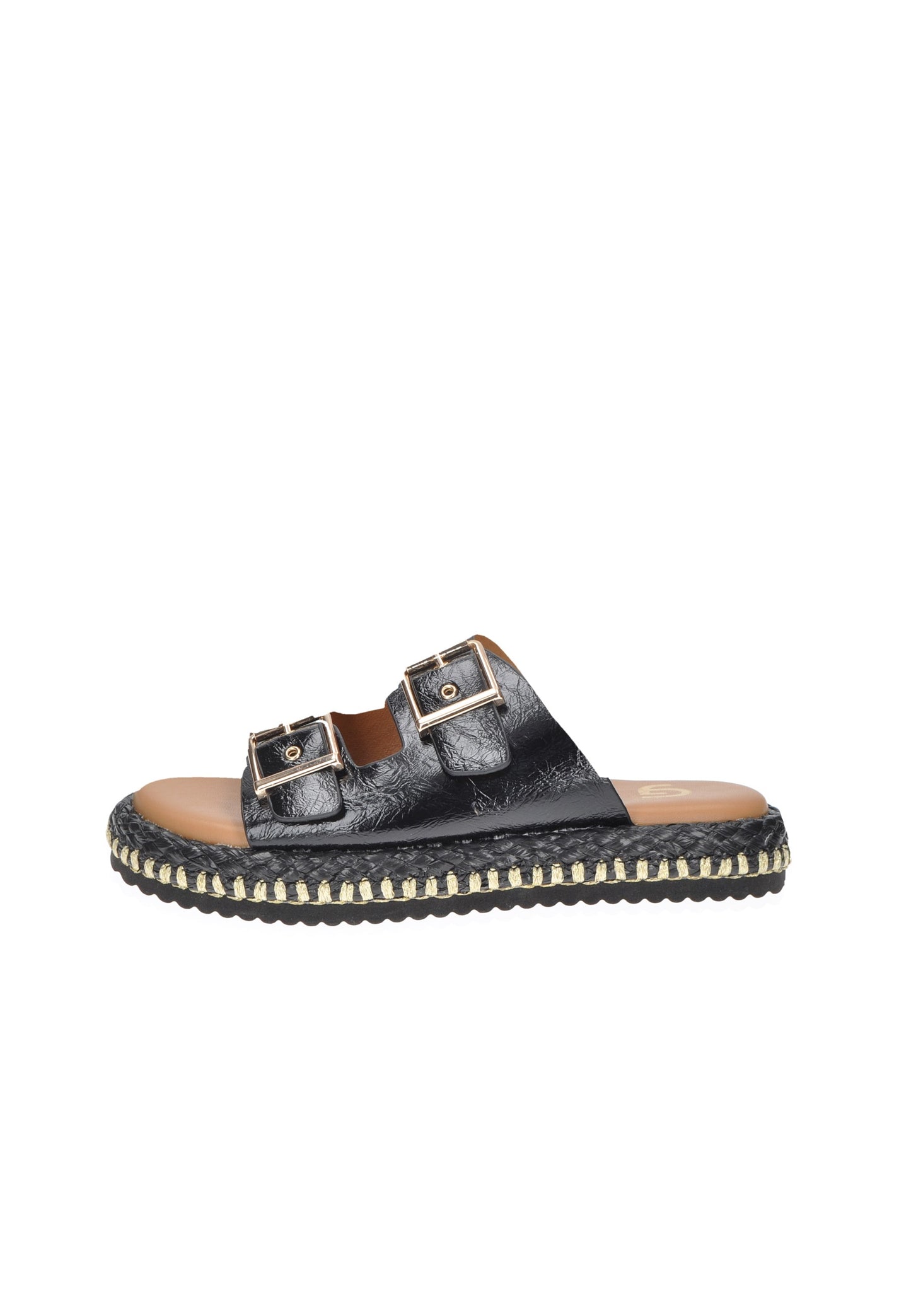 GC767 Sandalo Temir in ecopelle nera con doppia fibbia e fondo gomma alto 3 cm per comfort e stile.