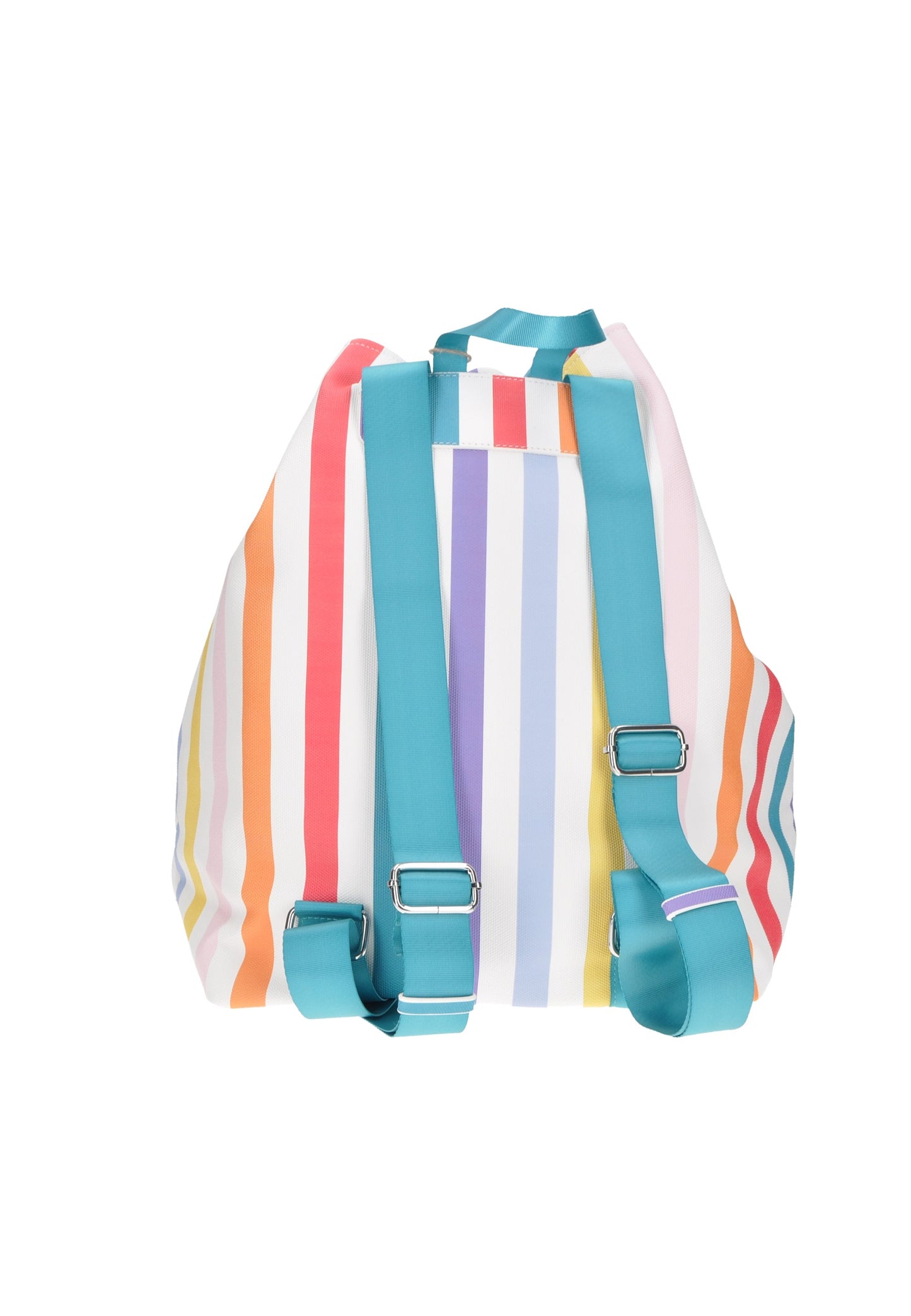 Zaino KUVE' in ecopelle a righe colorate, con spallacci blu e chiusura a coulisse, ideale per il mare.