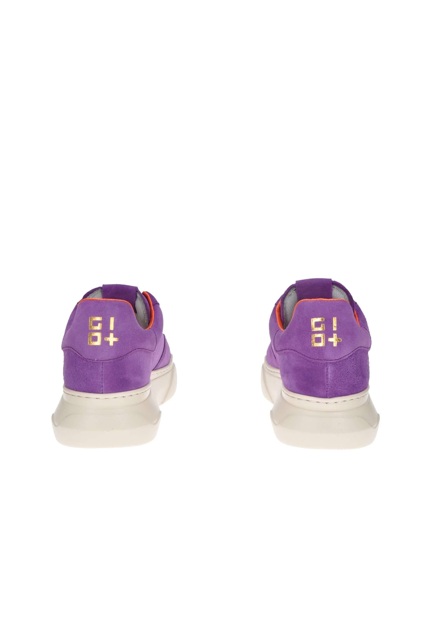 Back view of purple Giada sneakers by GIO +, featuring gold logo and contrasting details.