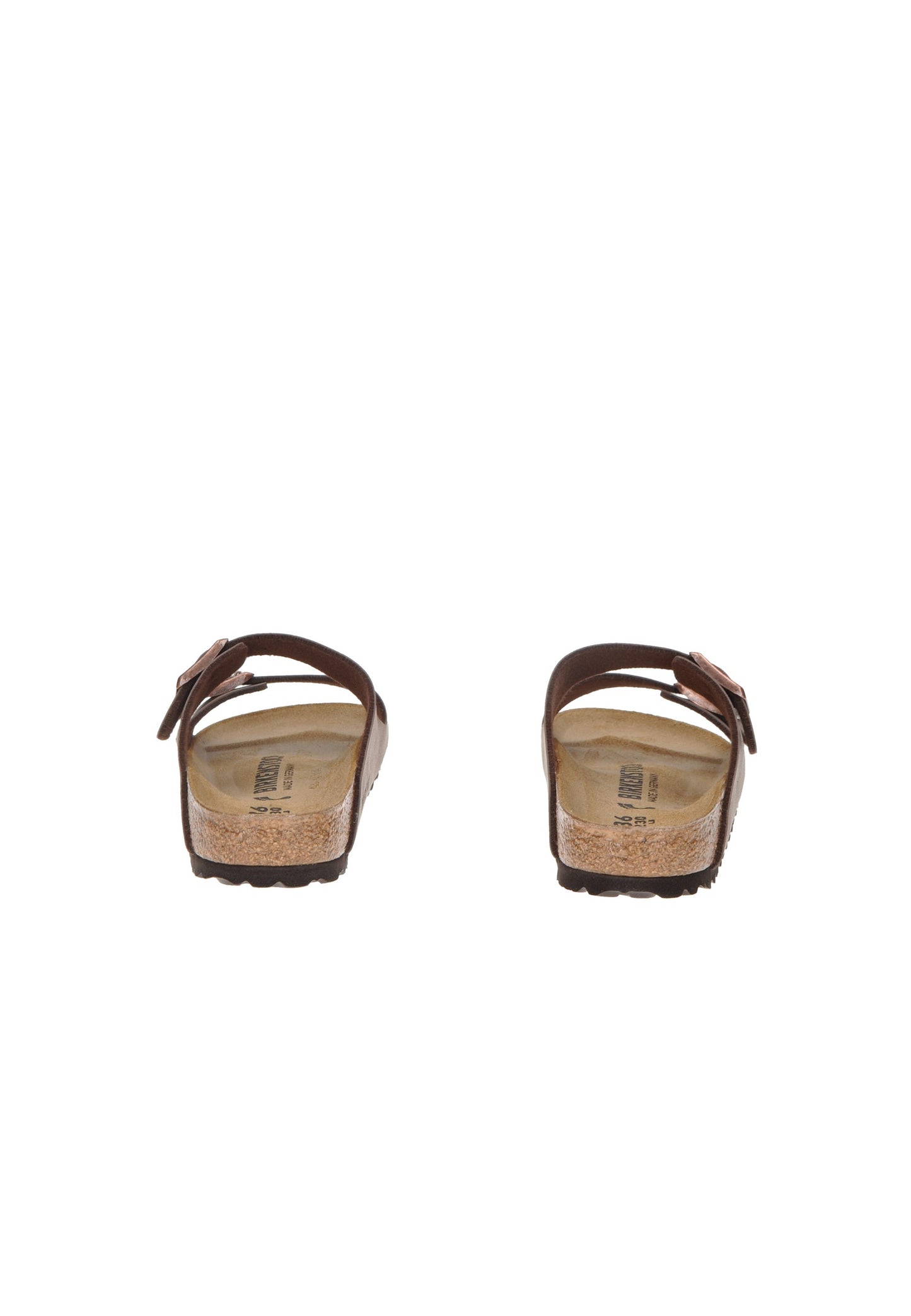 Rear view of 151183 Birkenstock Arizona sandals in brown with adjustable straps and cork-latex footbed.