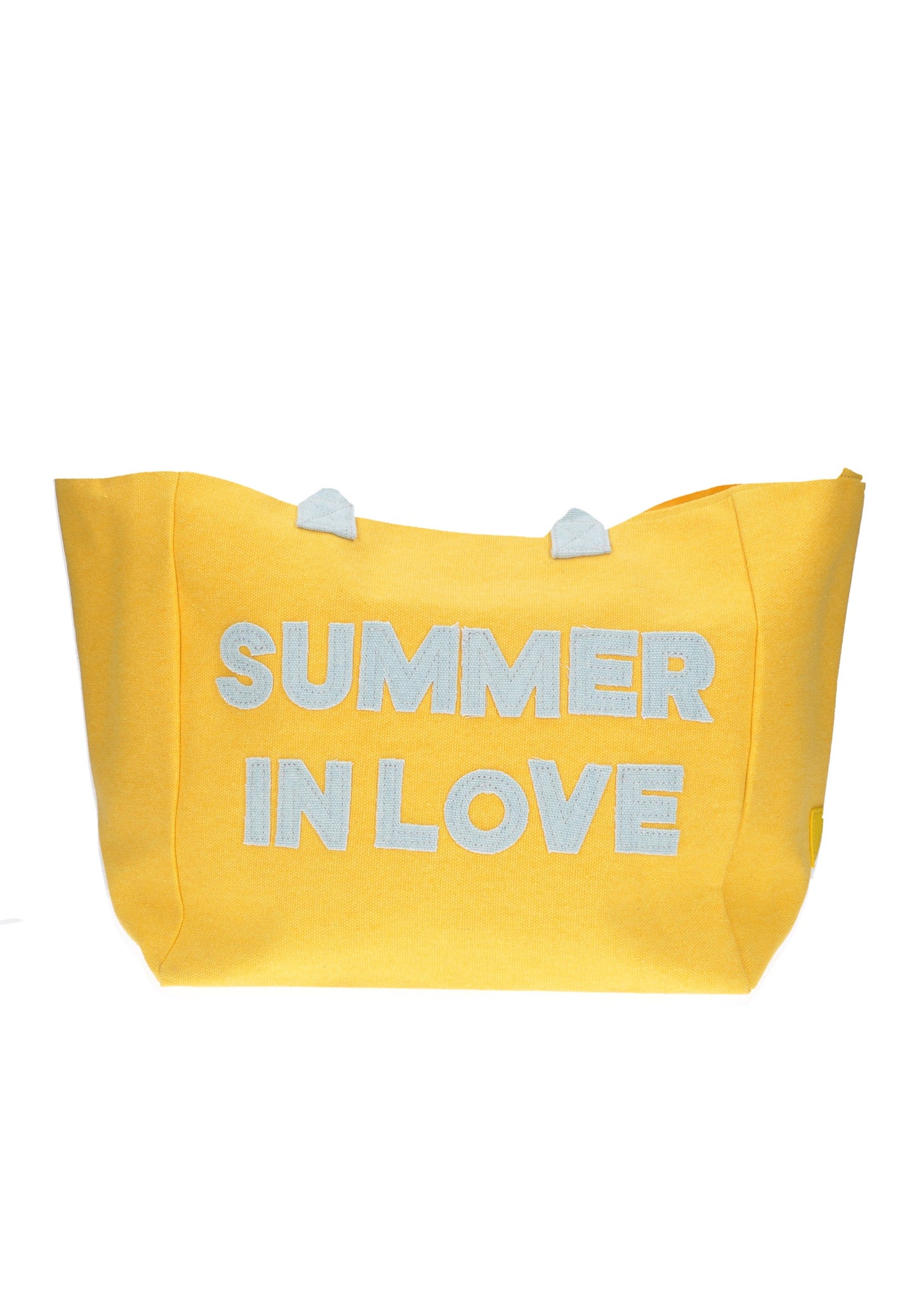 Yellow shopping bag with the text 'SUMMER IN LOVE', perfect for carrying essentials for beach outings.