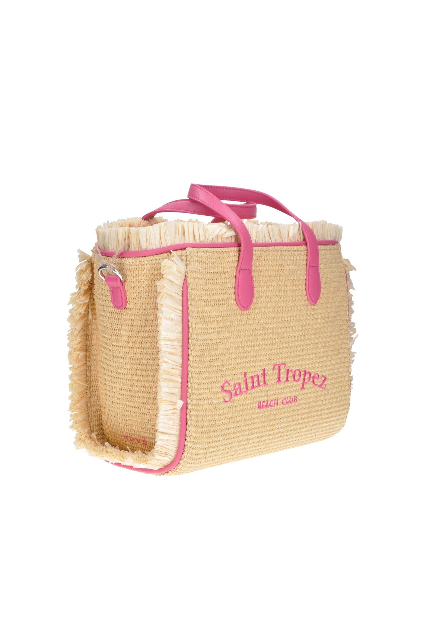 Borsa a mano in rafia con frange e manici rosa, ispirata a Saint Tropez, perfetta per le vacanze estive.