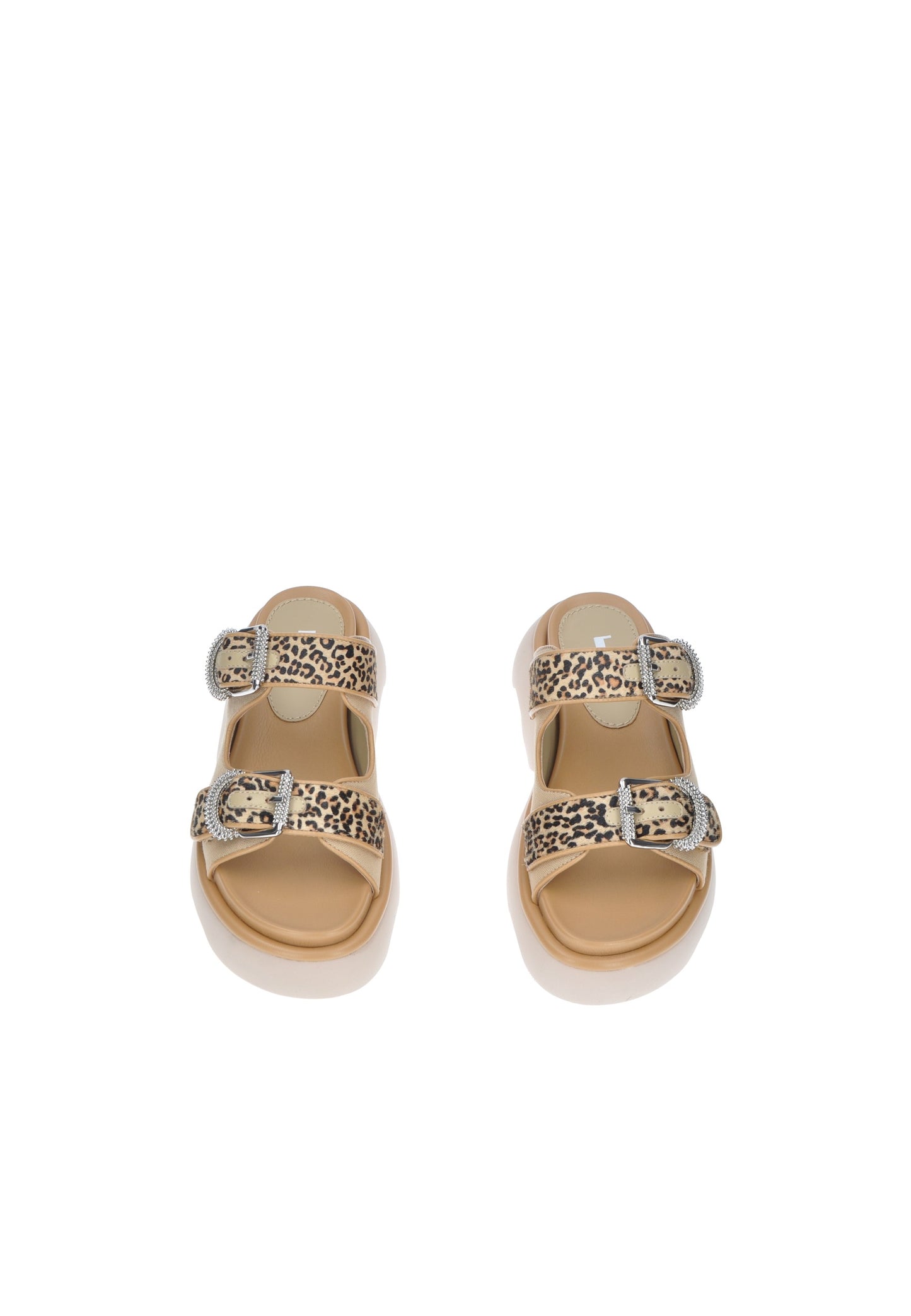 Sandali JEANNOT TJ523 Noemi in pelle e tessuto con fibbie e suola alta 5 cm, stampa leopardata.