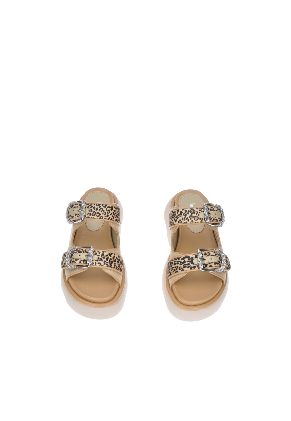 Sandali JEANNOT TJ523 Noemi in pelle e tessuto con fibbie e suola alta 5 cm, stampa leopardata.