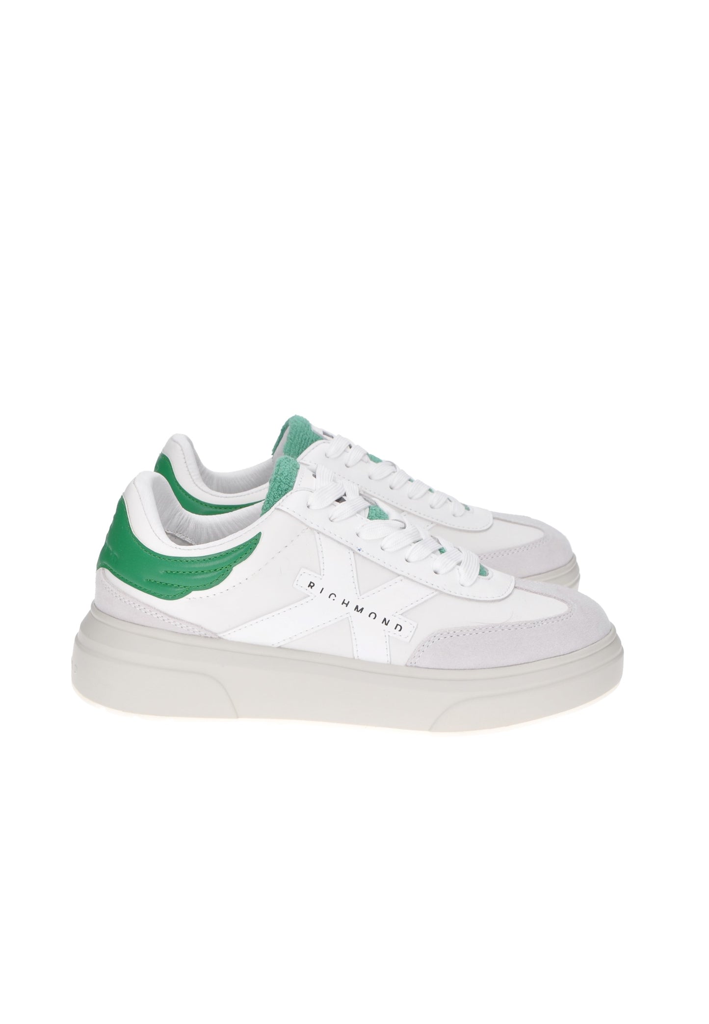 White and green JOHN RICHMOND sneaker, featuring padded insole and high rubber sole, stylish and comfortable for everyday wear.