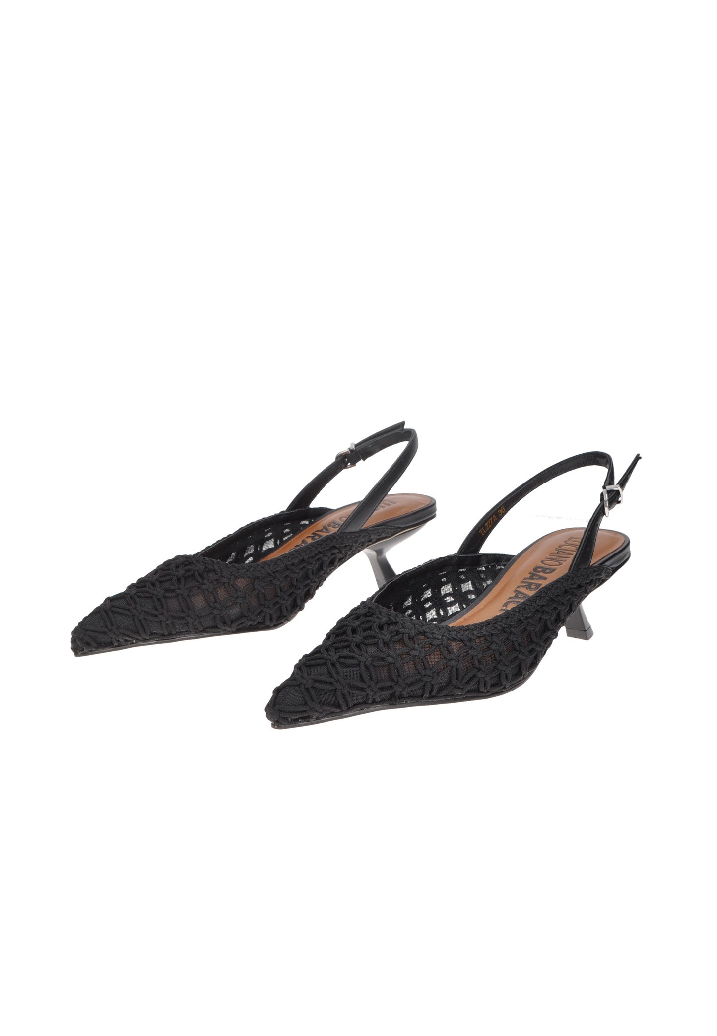 Black open back slingback pumps by LUCIANO BARACHINI, featuring a stylish woven design and high heel.