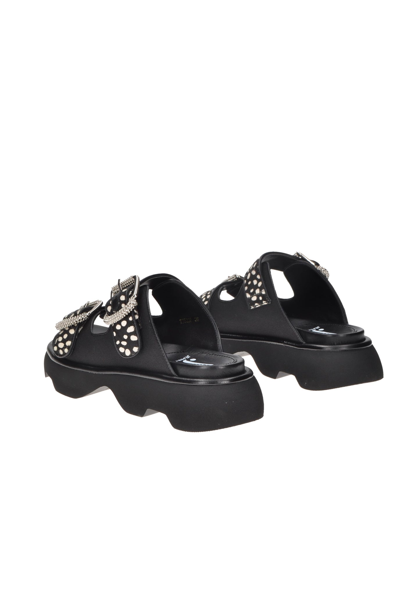 TJ523 Sandalo JEANNOT, sandali neri con fibbie e dettagli lucidi, suola in gomma alta 5 cm per comfort e stile.