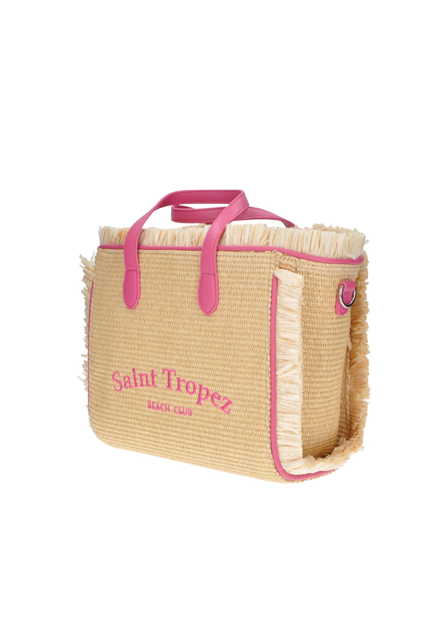 Saint Tropez beach bag in raffia with pink handles and fringing, stylish and perfect for summer outings.