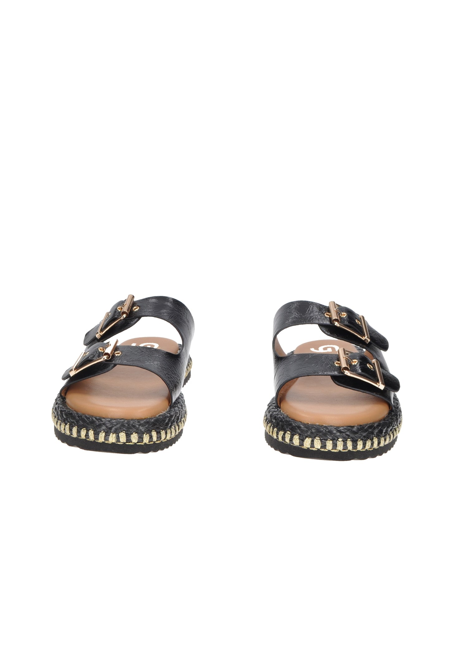 GC767 Sandalo GOLD&GOLD, black eco-leather sandals with double buckle closure and cushioned footbed.