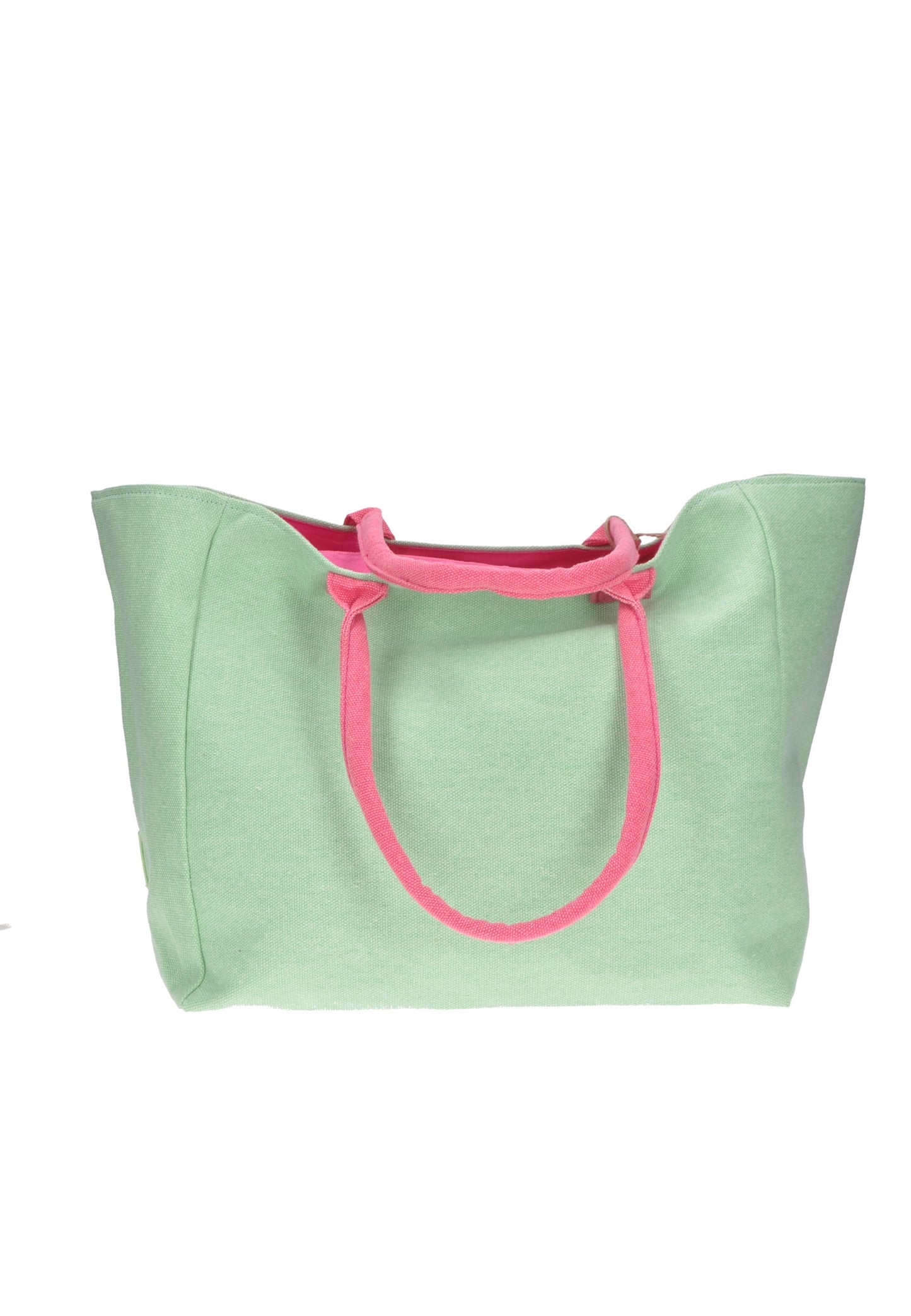 Shopping bag in mint green with pink handles, perfect for beach days and casual outings.