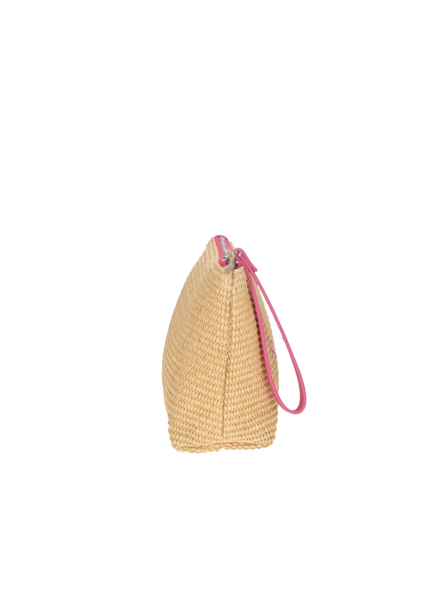 Side view of KBE47A513 Pochette KUVE', a stylish beige beach clutch with pink zipper.