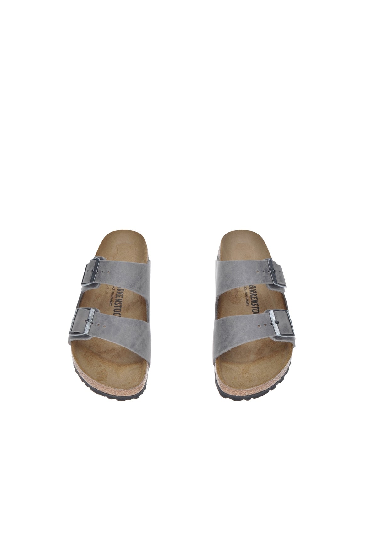 Sandalo Arizona BIRKENSTOCK in grigio con plantare anatomico soft e fibbie metalliche regolabili.