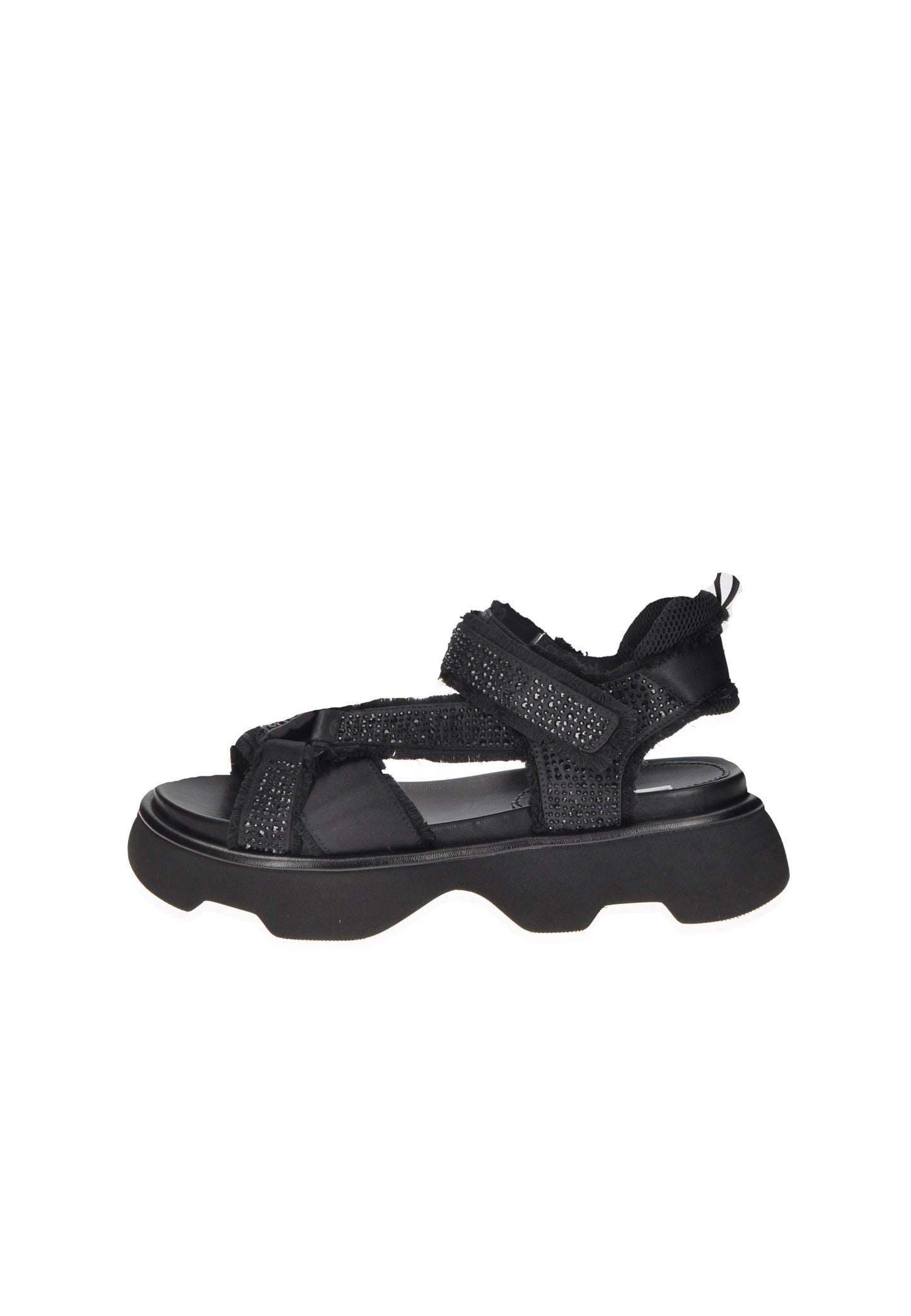 Sandalo JEANNOT TJ522 in raso nero con velcro e strass, sottopiede imbottito, suola gomma alta 5 cm.