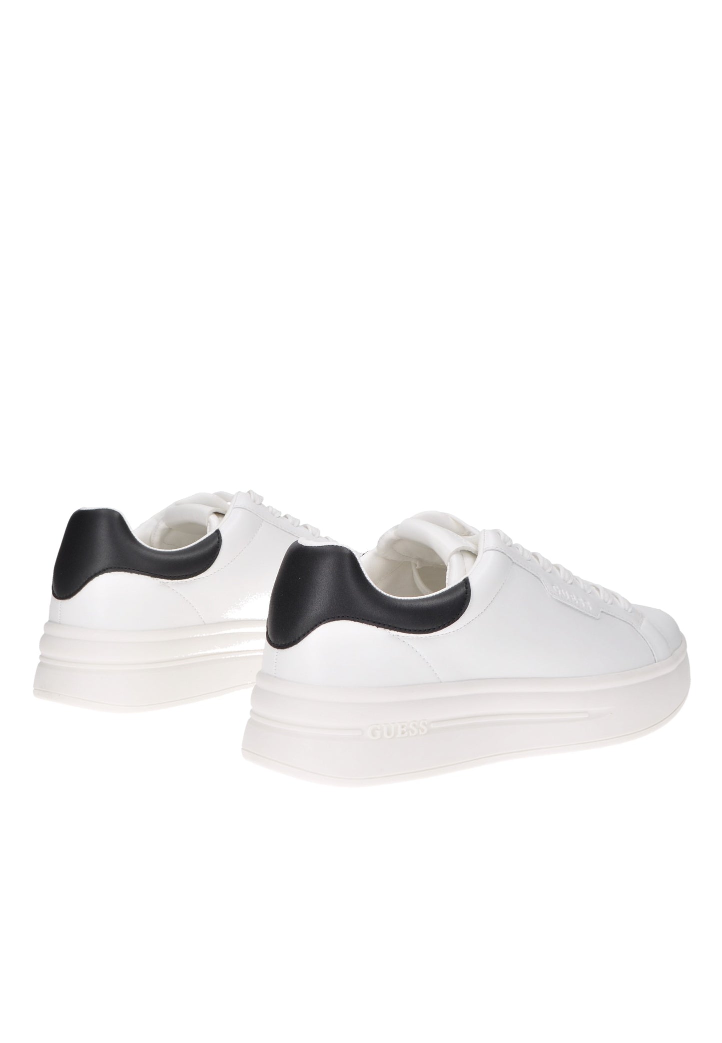 White GUESS Winno sneakers with black heel detail, featuring lace-up closure and cushioned sole.