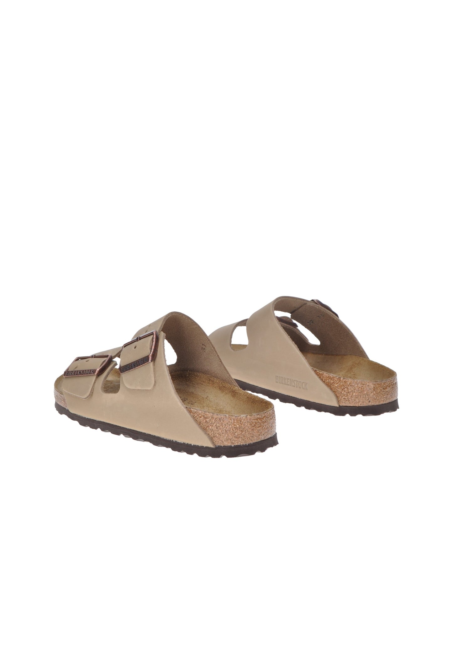 BIRKENSTOCK Arizona oiled leather sandal in beige with adjustable metal buckles and anatomical footbed.