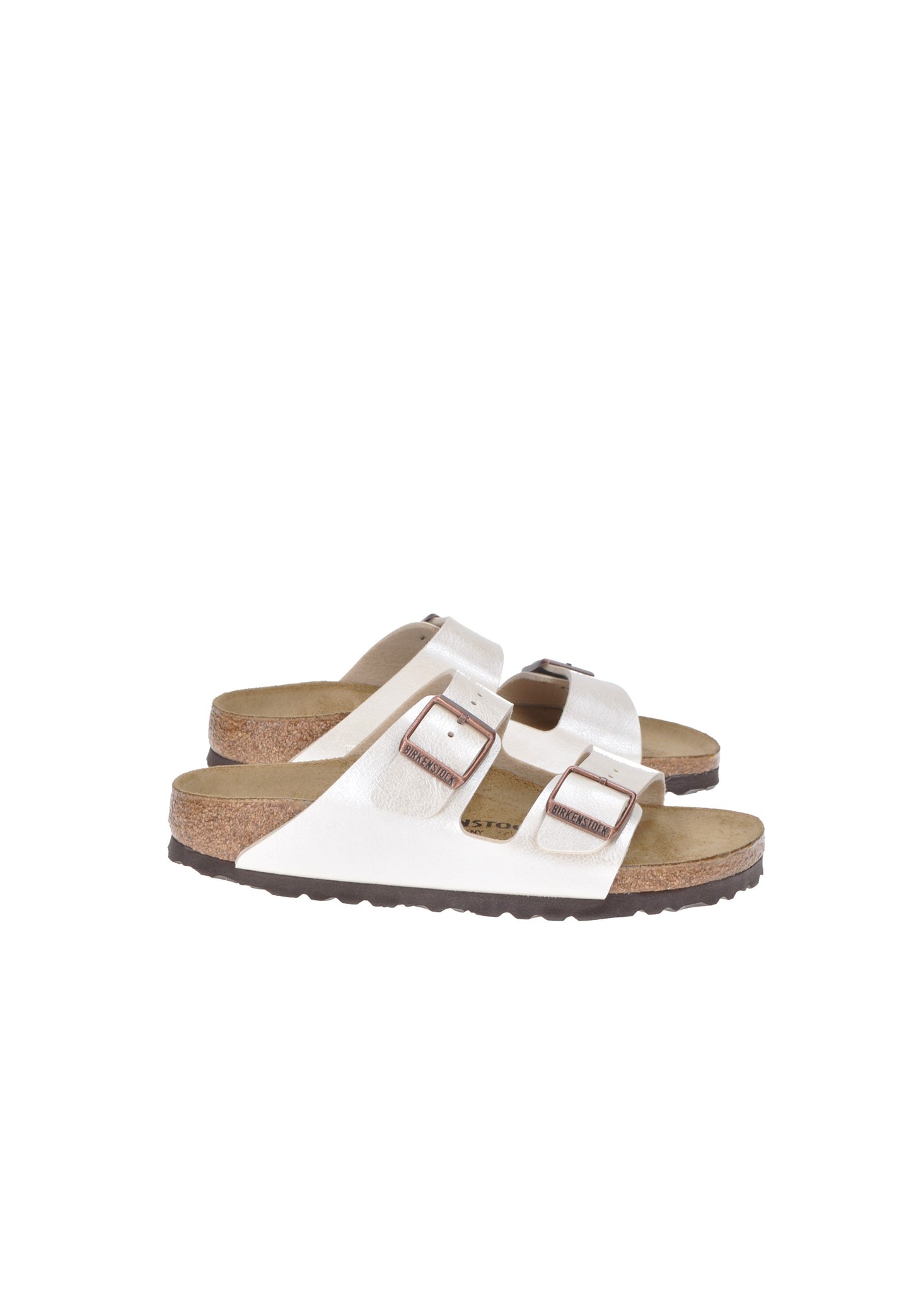 1009921 Birkenstock Arizona sandals in white with adjustable dual metal buckles and cork-latex footbed.