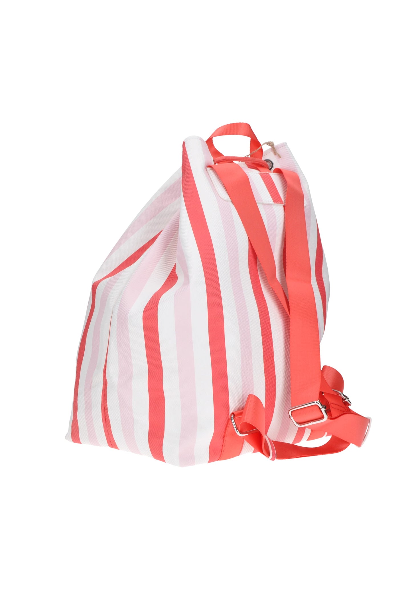 KBS31A03 Zaino KUVE' in ecopelle a righe rosa e bianco, ideale per una giornata al mare, con chiusura a coulisse.