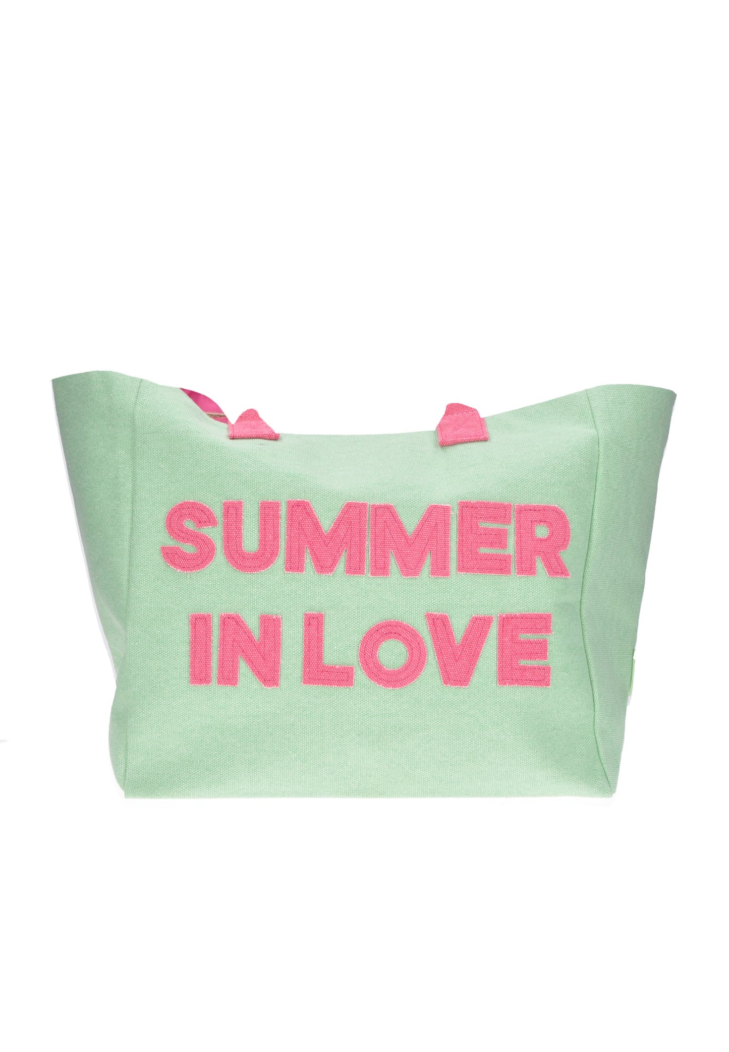 Shopping bag in mint green with pink text reading 'SUMMER IN LOVE', perfect for beach days.