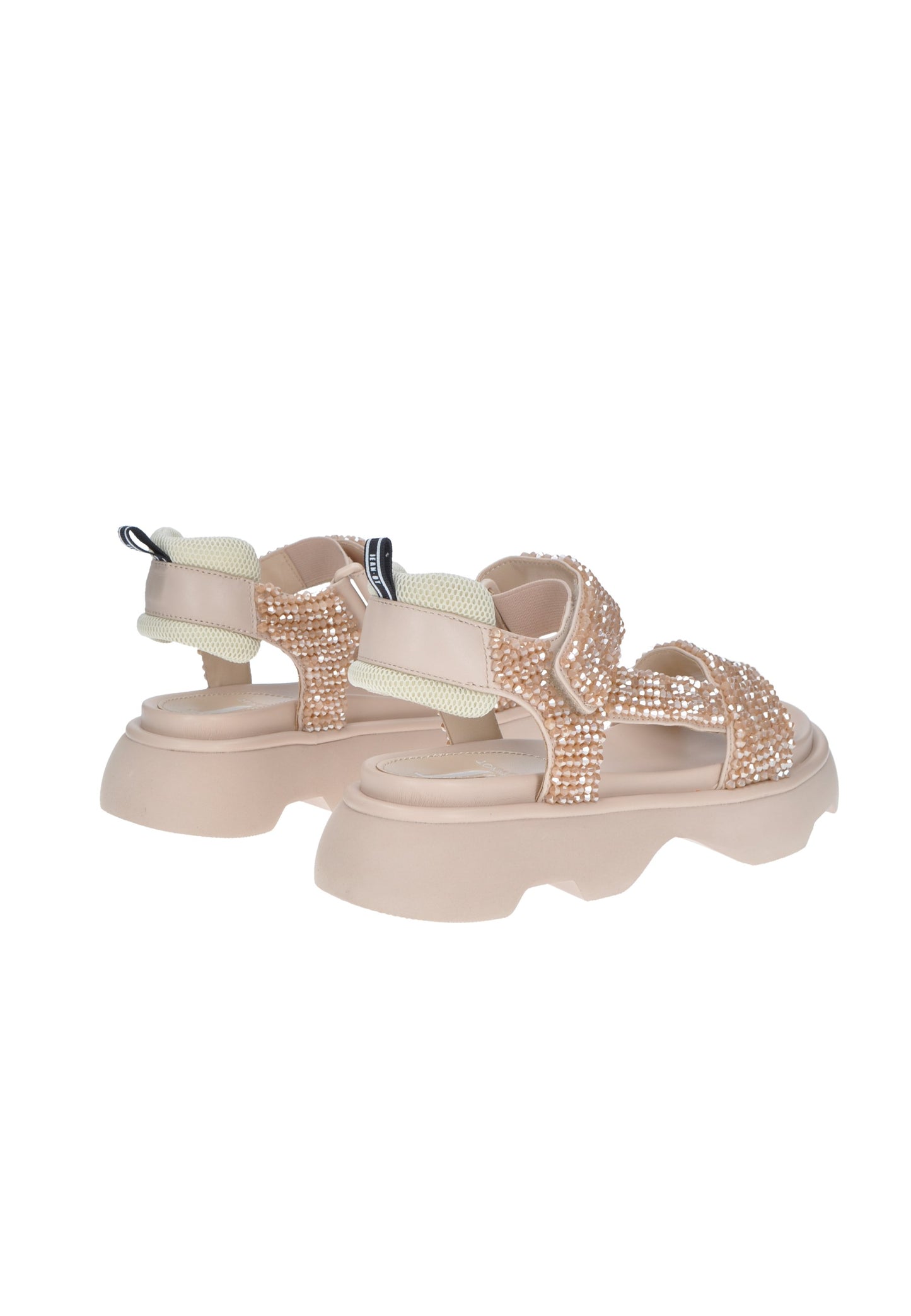 Sandalo Alicia di JEANNOT in pelle con applicazione strass e suola alta, chiusura con velcro per comfort.