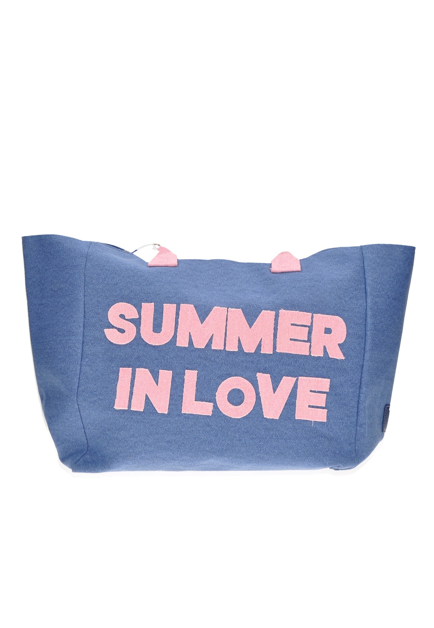Shopping bag in blue with pink text "SUMMER IN LOVE", perfect for beach days.