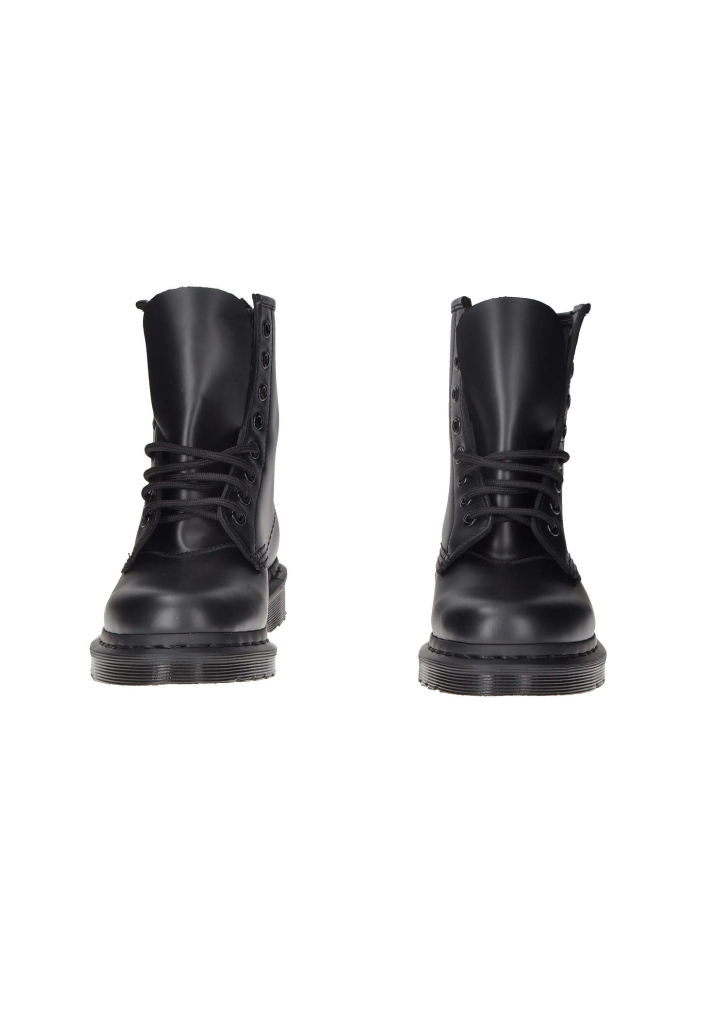 Front view of black DR. MARTENS 1460 Mono boots with lace closure and rubber sole, showcasing sleek design and durability.