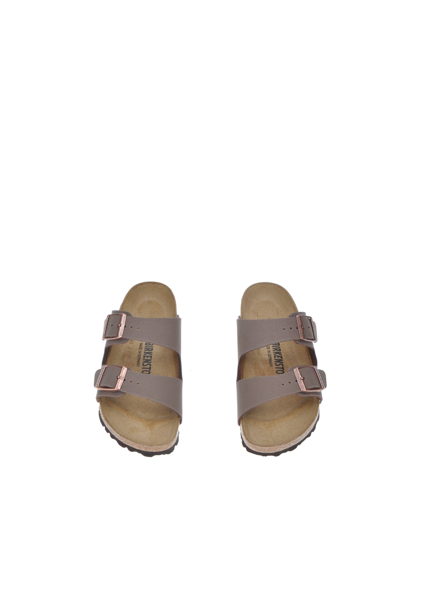 BIRKENSTOCK Arizona sandals in Birko-Flor with adjustable metal buckles and cork-latex footbed for comfort.
