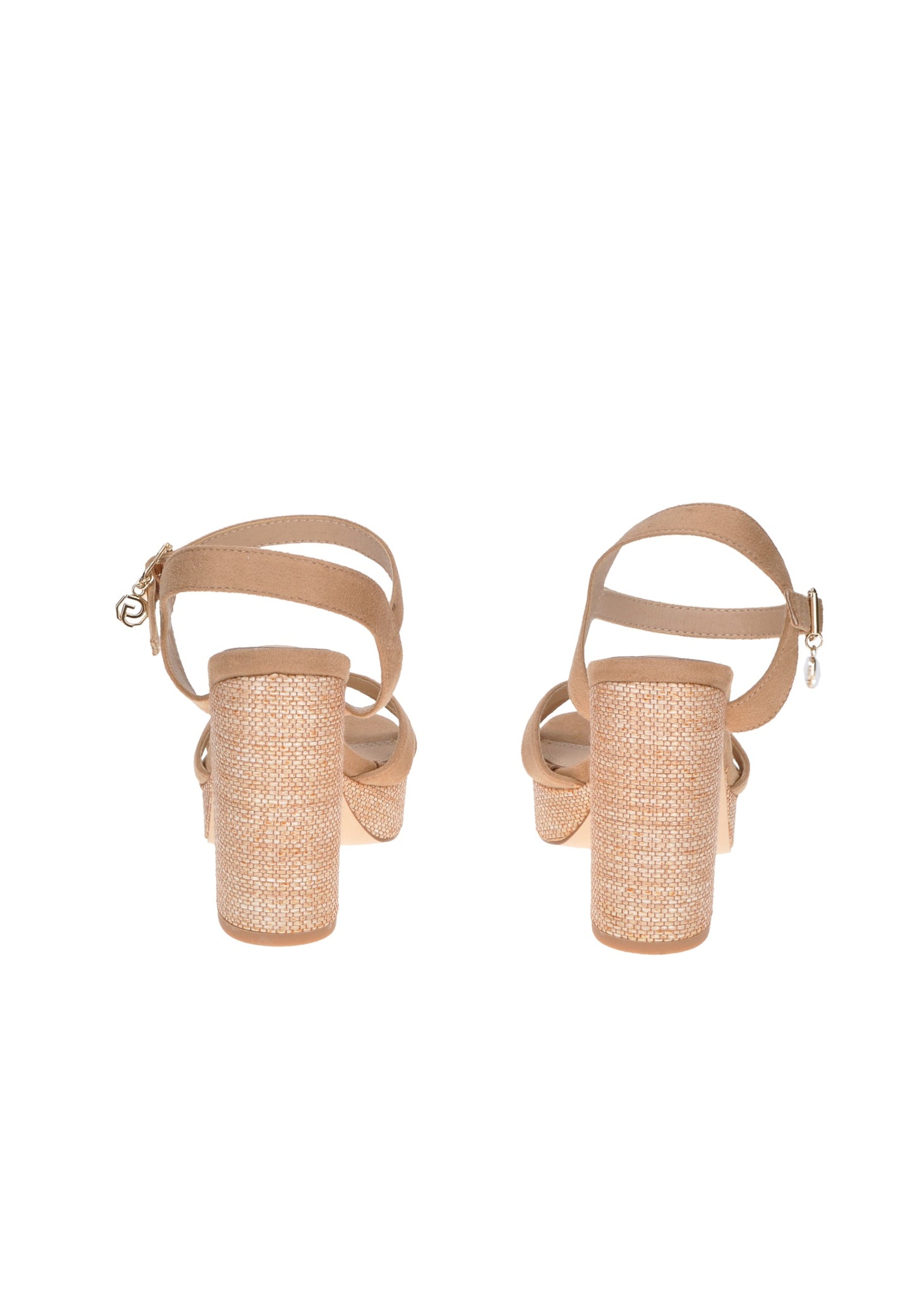 View of the back of GK195 Sandalo GOLD&GOLD with ankle strap and woven high heel.