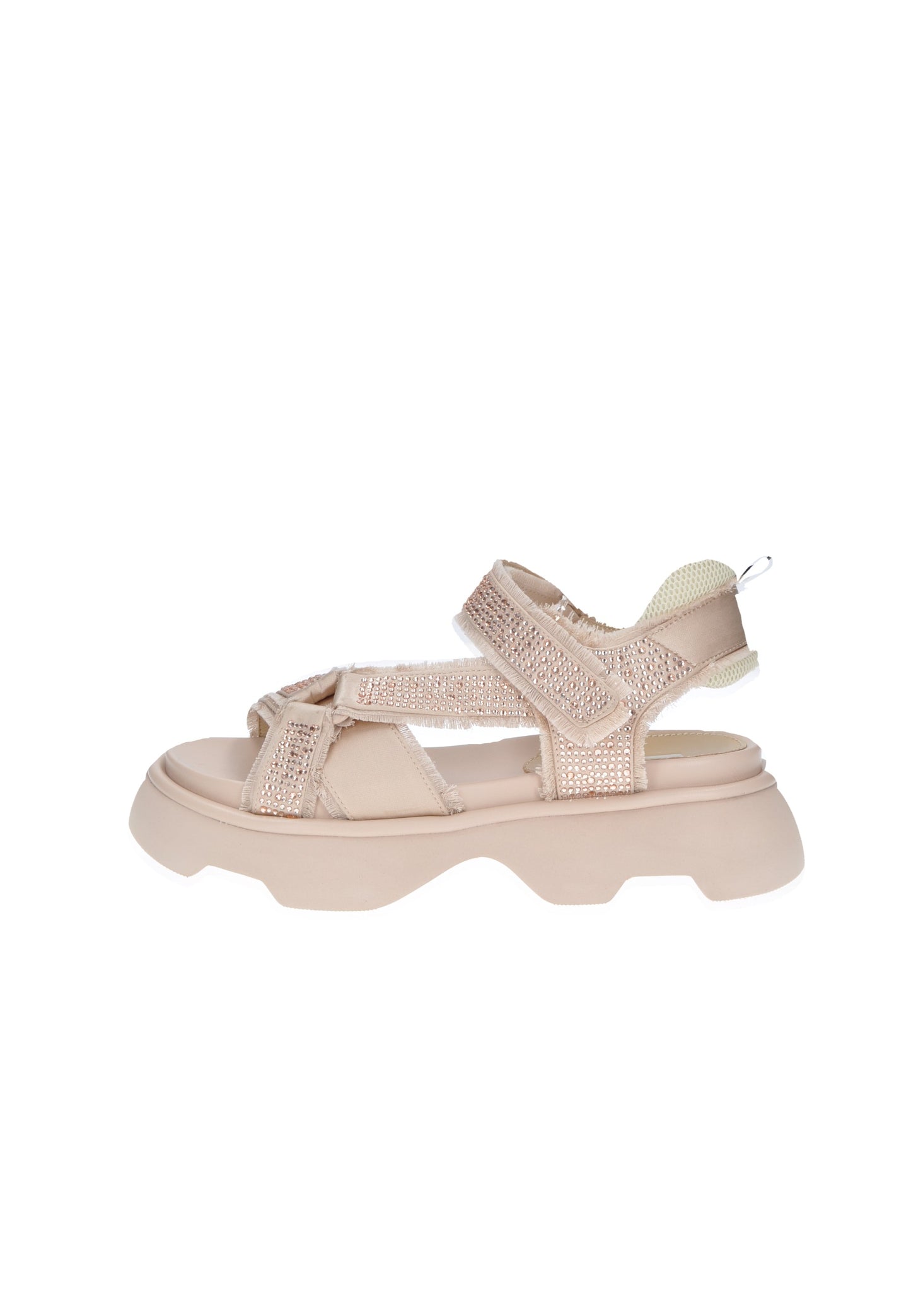 Sandalo JEANNOT TJ522 in raso con chiusura velcro e strass, suola gomma alta 5 cm per comfort e stile.