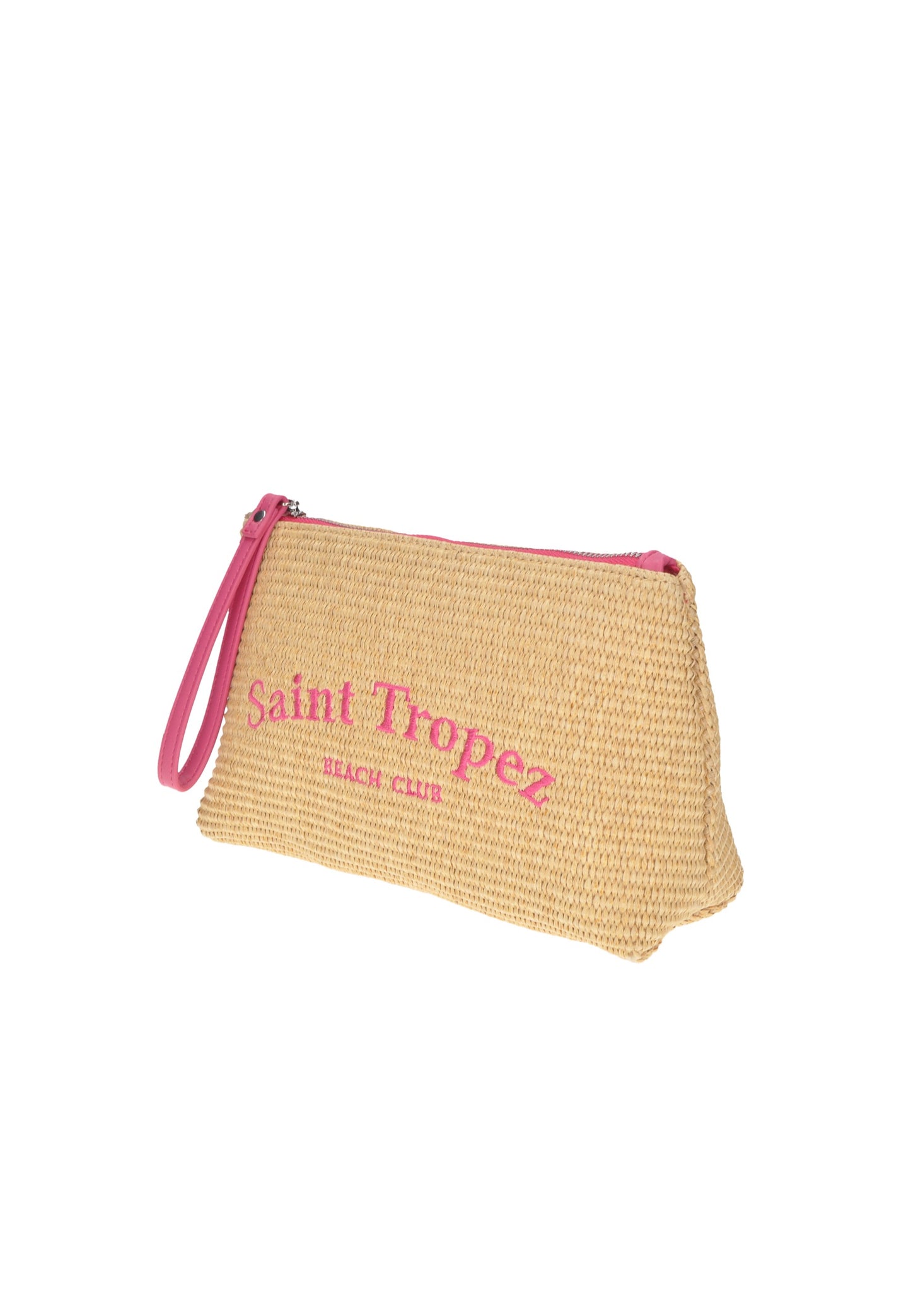 Stylish straw pochette bag with pink detail, perfect for beach outings, featuring 'Saint Tropez Beach Club' embroidery.