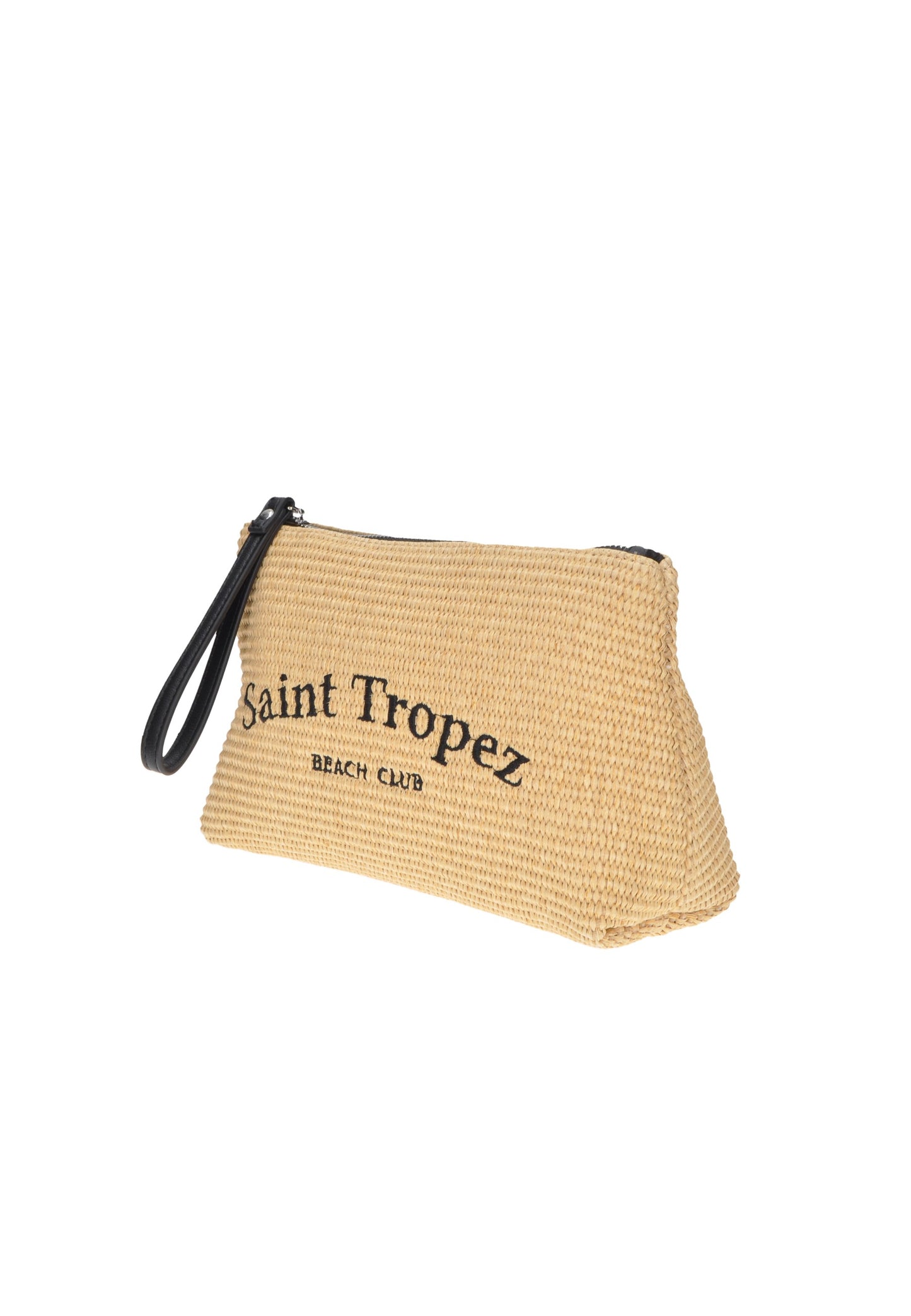 Natural woven beach pouch with 'Saint Tropez Beach Club' print and black zipper closure.