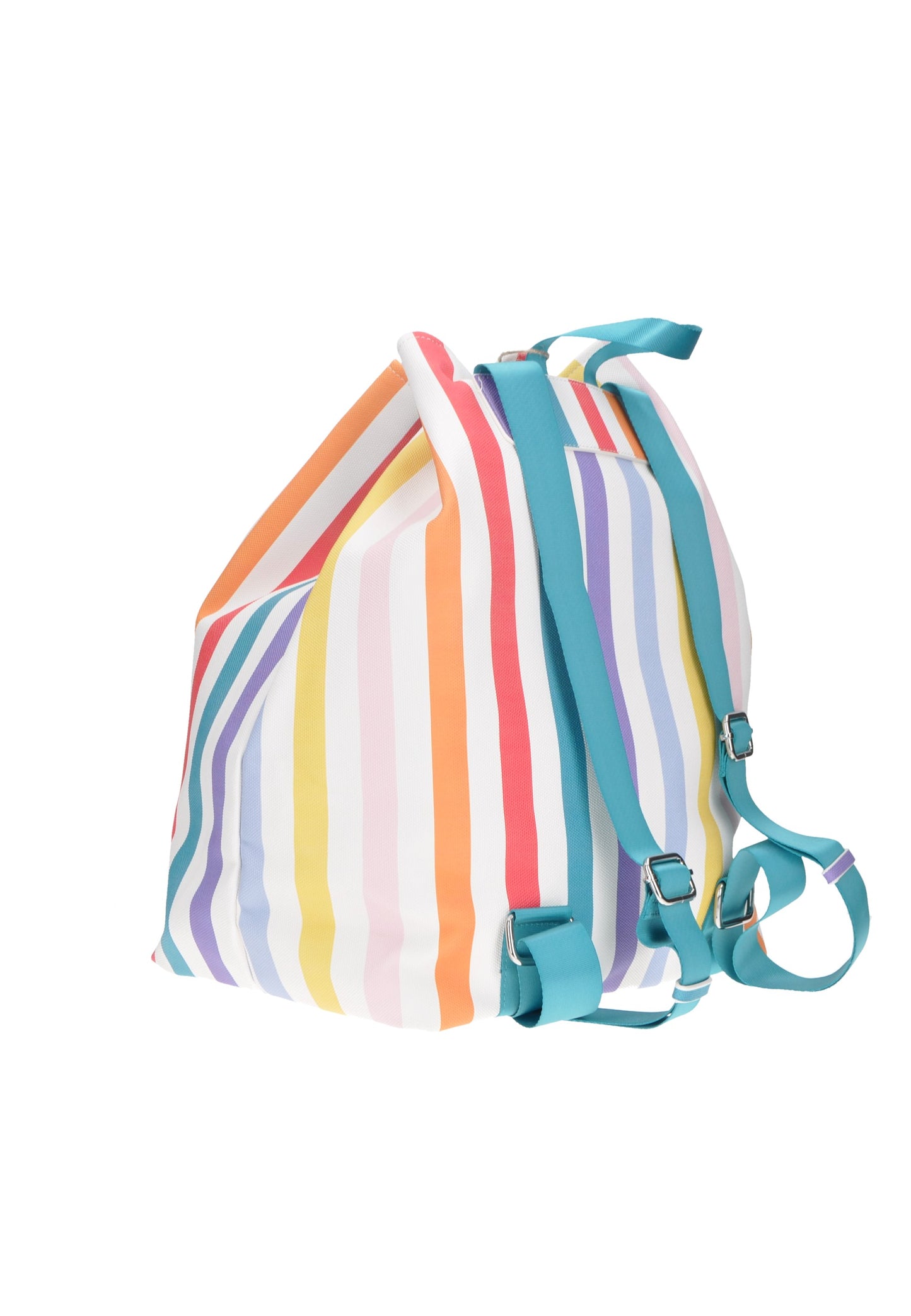 Colorful striped KUVE' backpack with blue straps, ideal for beach days, eco-friendly materials, dimensions 50x42x22 cm.