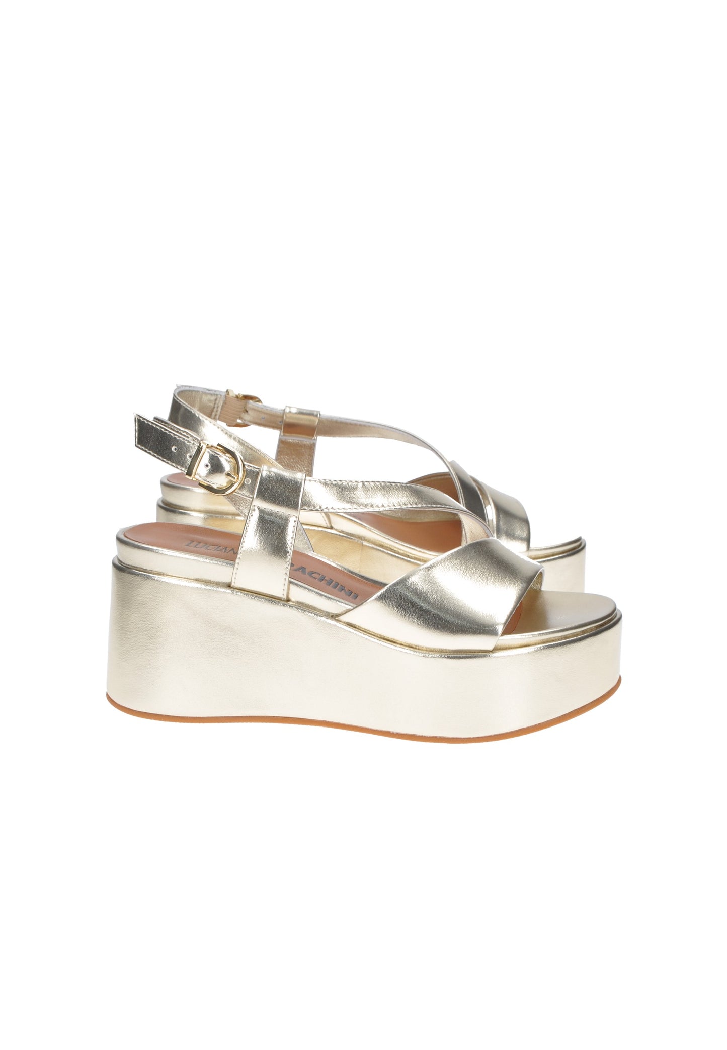 TL135 Sandalo LUCIANO BARACHINI in oro, con suola alta 8 cm e design elegante per comfort e stile.