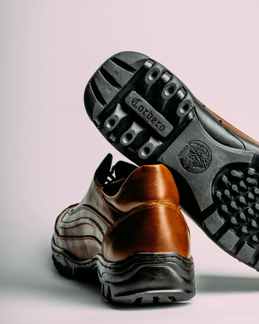 a pair of brown and black shoes on a white background