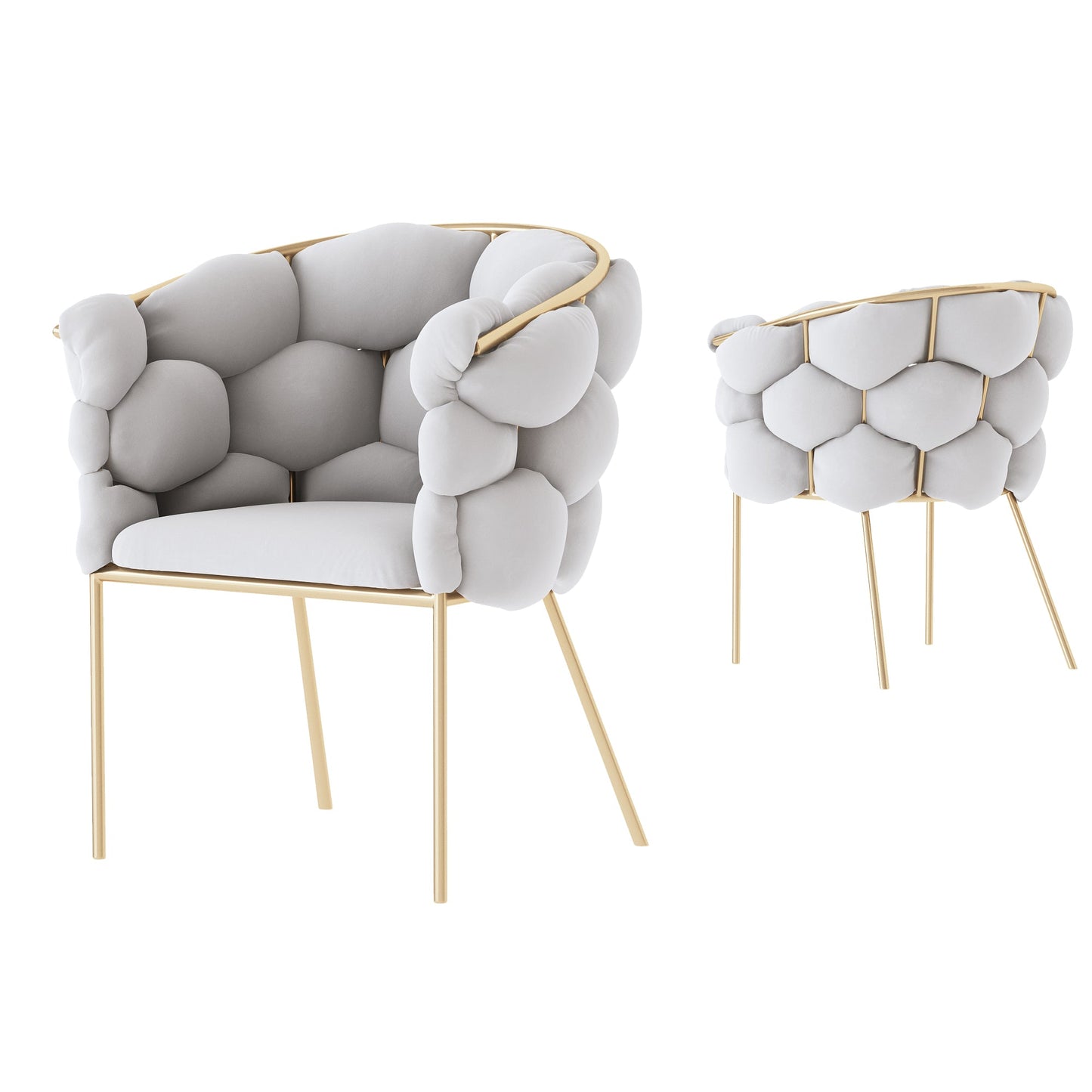 "Soccer Ball" Armchair with Grey Plush Fabric Upholstery and Golden Iron Base - Dimensions 67x59x75