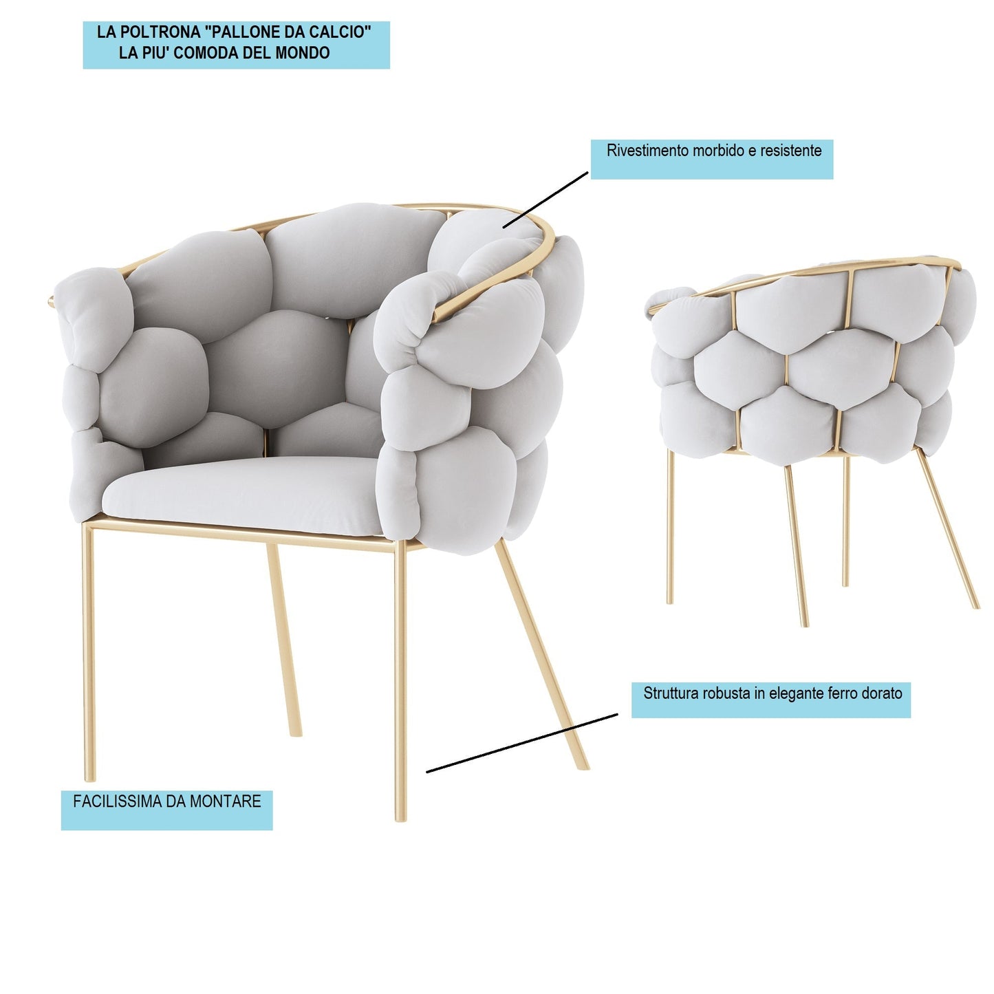 "Soccer Ball" Armchair with Grey Plush Fabric Upholstery and Golden Iron Base - Dimensions 67x59x75