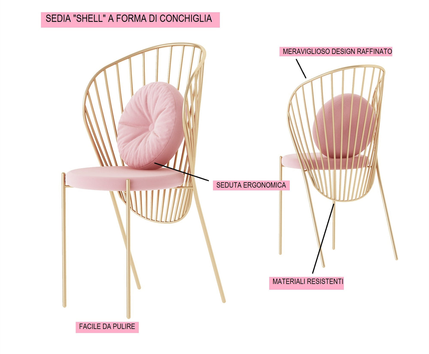 "Shell" Chair - Gold-plated metal shell-shaped chair - 50x45x96 cm