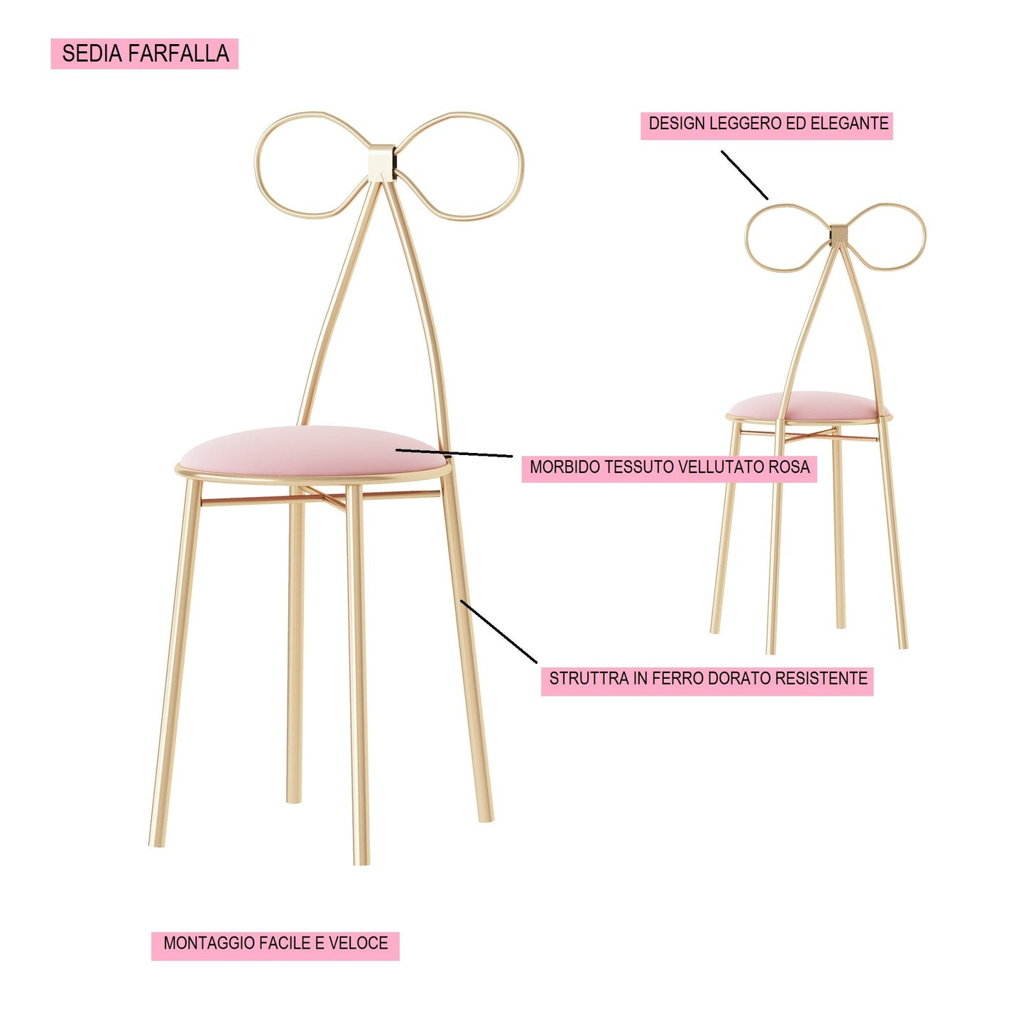 Butterfly chair in pink velvet fabric with golden iron frame
