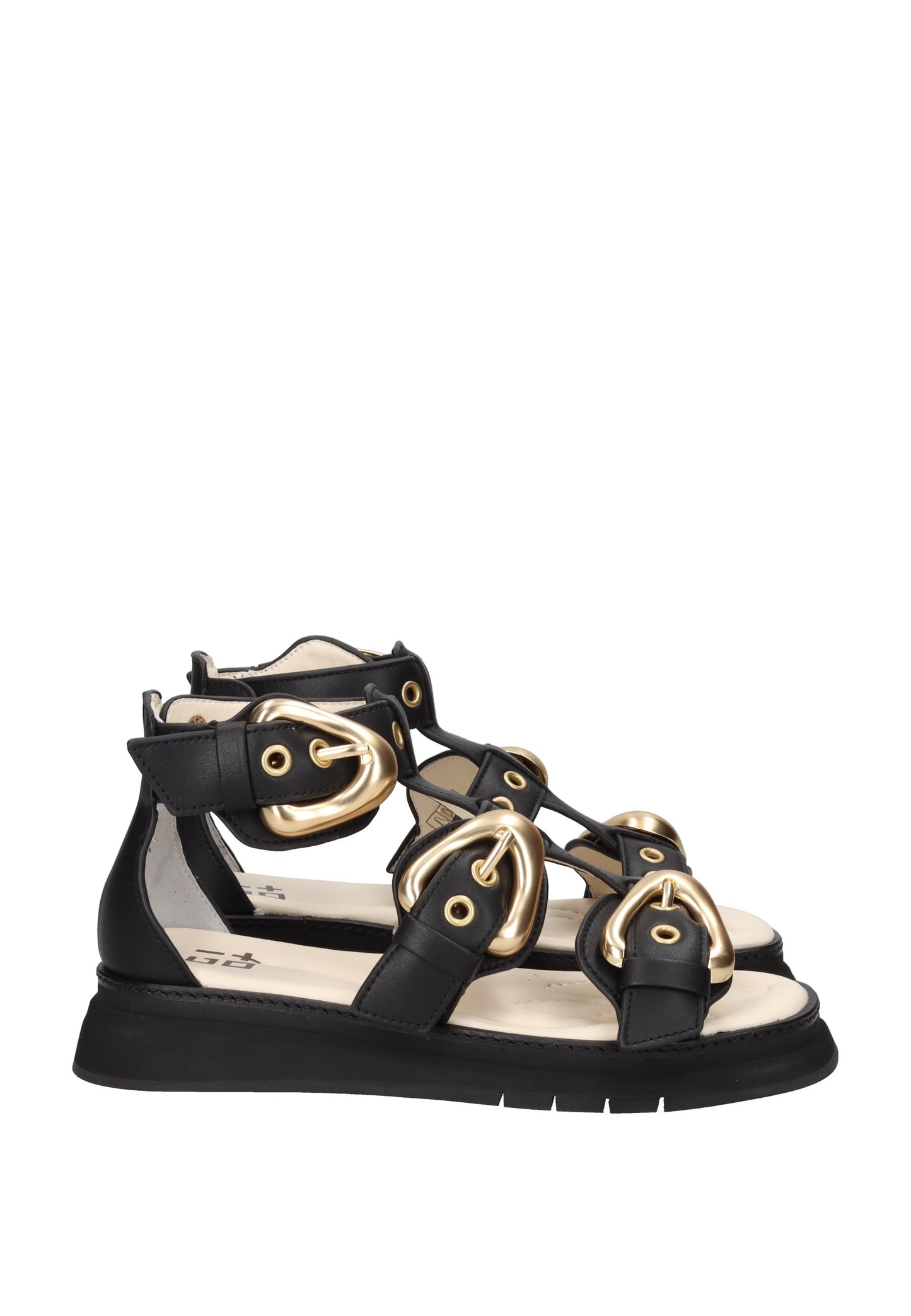MALVA02A Sandalo GIO + - elegante sandalo in pelle nera con fibbie dorate e suola in gomma per comfort.