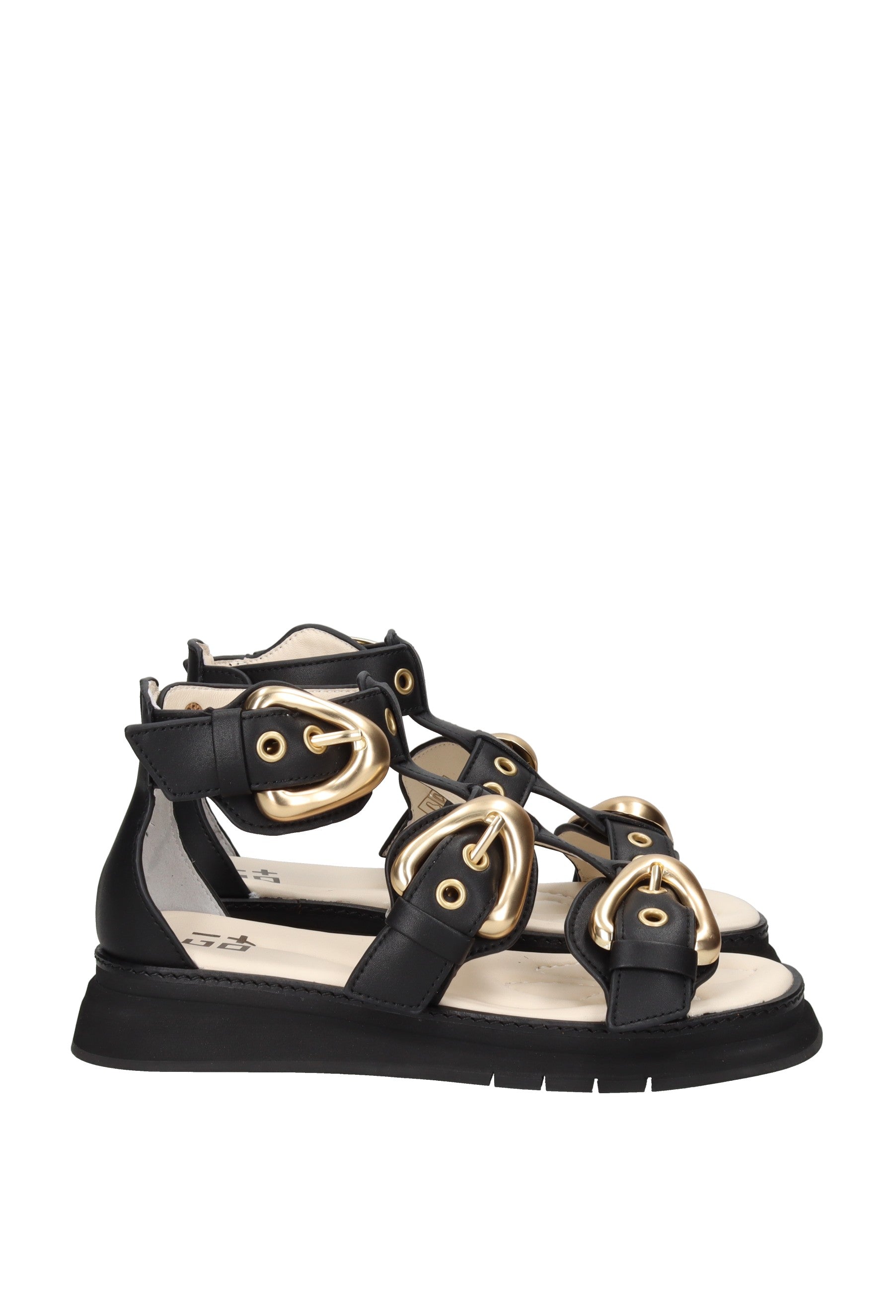 MALVA02A Sandalo GIO + - elegante sandalo in pelle nera con fibbie dorate e suola in gomma per comfort.
