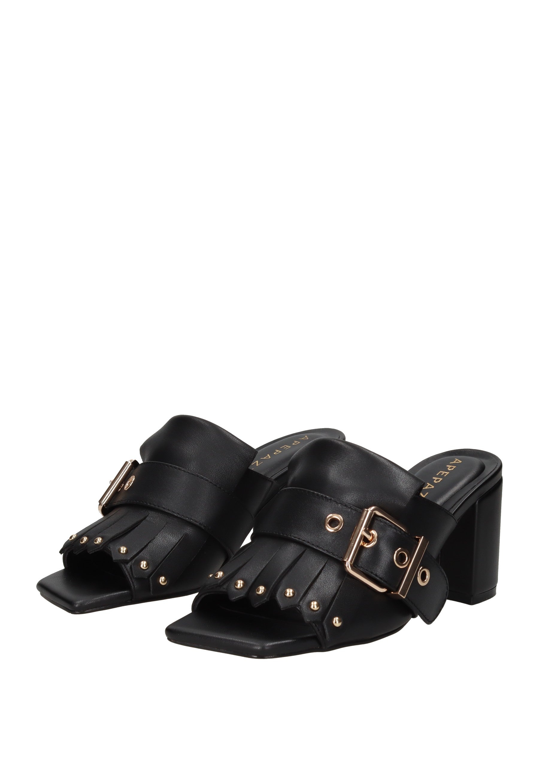 S6FREESIA01/LEA Sandalo APEPAZZA in pelle nera con frangia e fibbia laterale, tacco alto 8 cm.