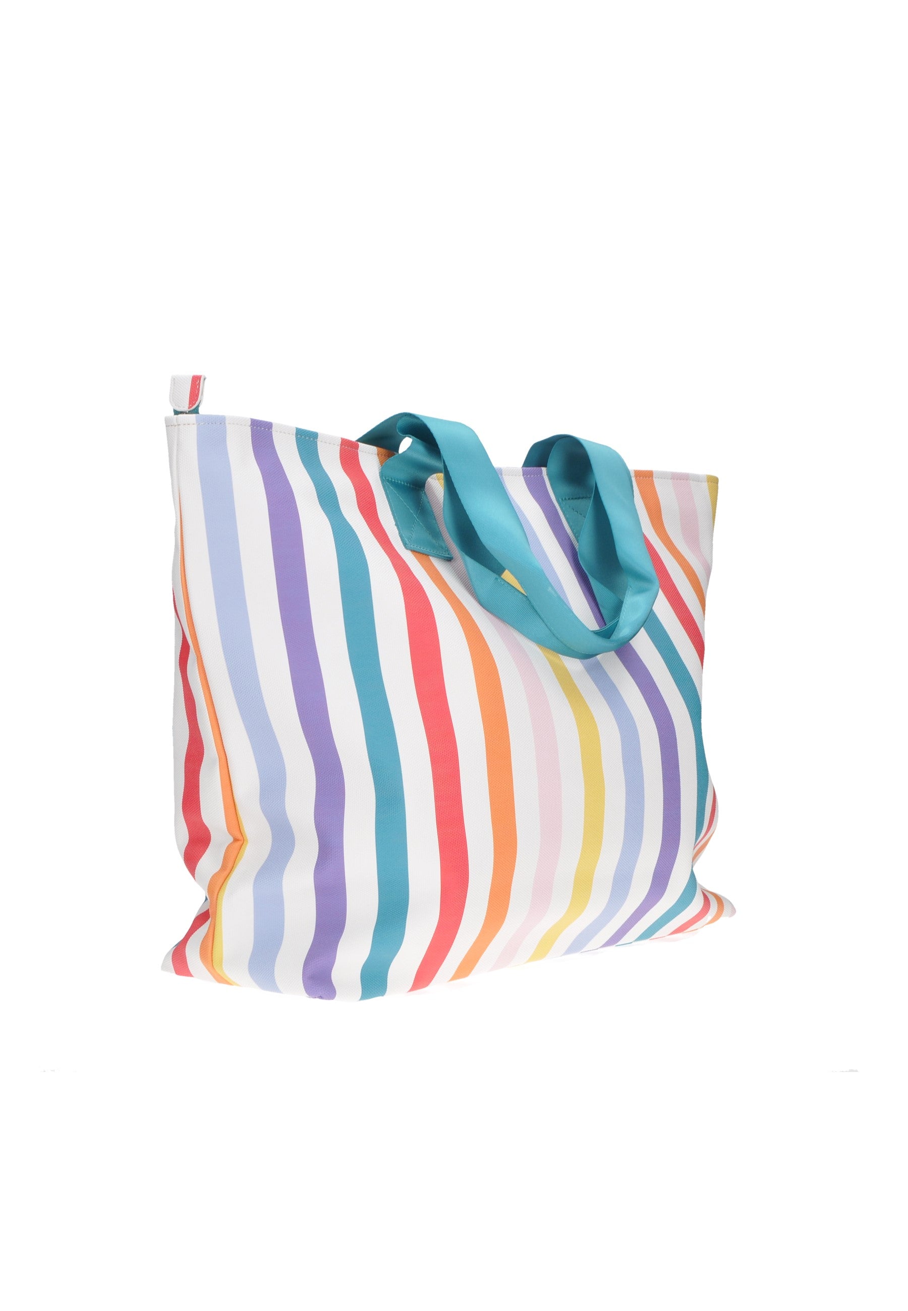 Colorful striped shopping bag with turquoise handles, perfect for beach outings and everyday use.