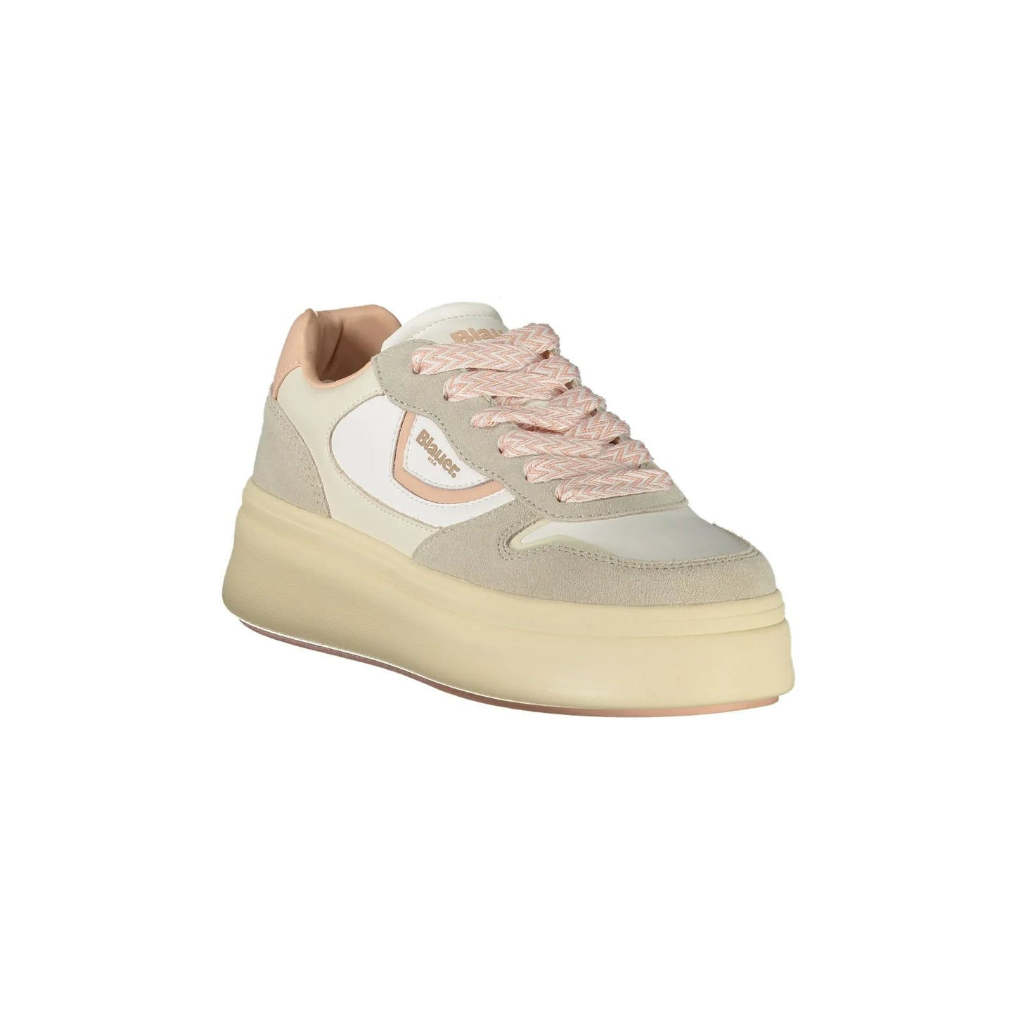 Weiße Damen-Sneaker von BLAUER mit Schnürsenkeln und cremefarbenen/rosa Details 