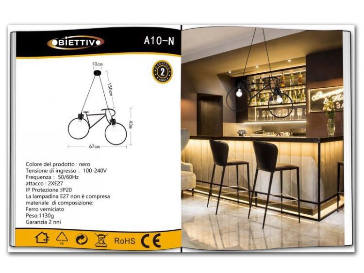 Black Metal Bicycle-Shaped Pendant Light with 2 E27 Sockets 