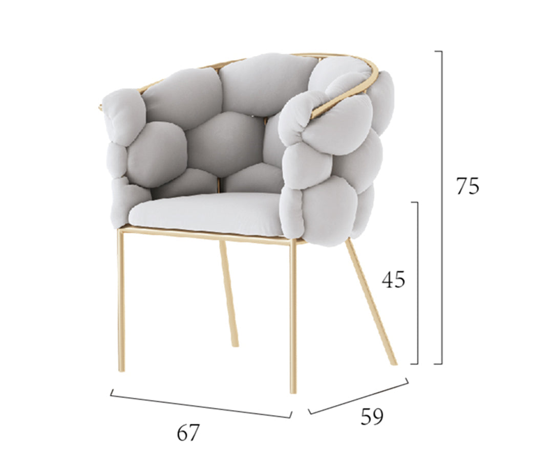 "Soccer Ball" Armchair with Grey Plush Fabric Upholstery and Golden Iron Base - Dimensions 67x59x75
