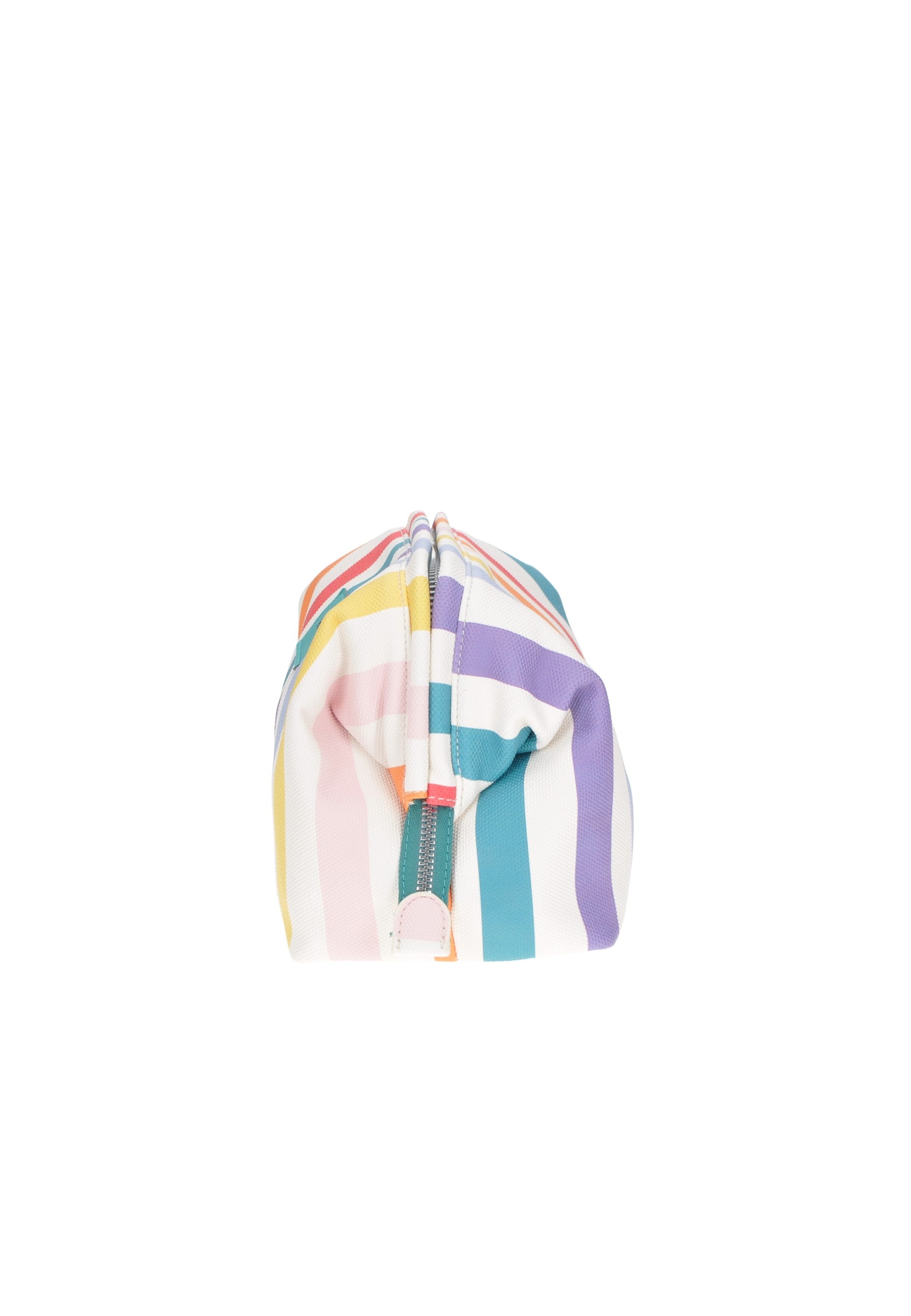 Colorful striped KUVE pochette, versatile beach bag with zipper for convenient storage.