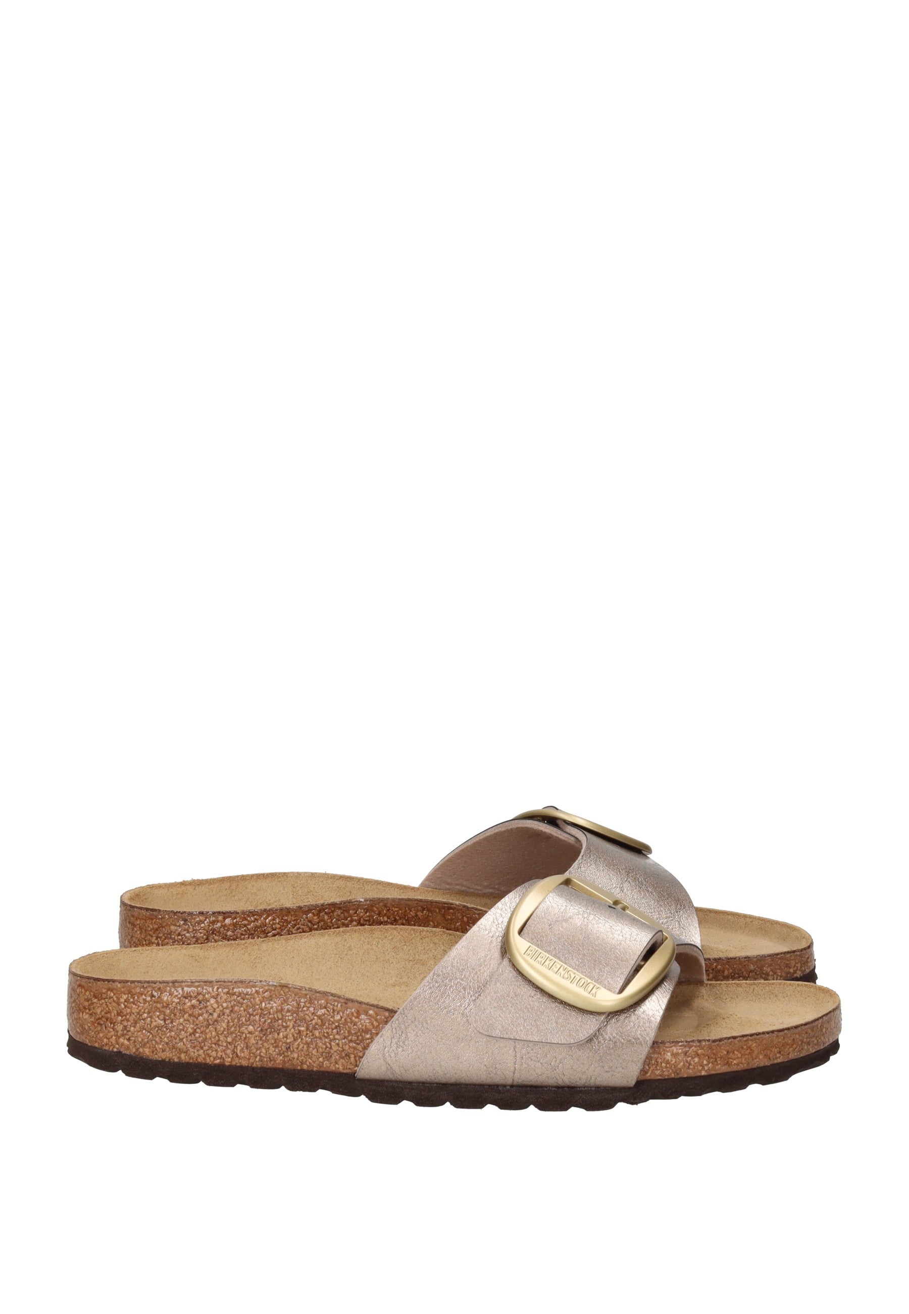 1016237 Sandalo BIRKENSTOCK con fibbia di metallo e suola in gomma, plantare anatomico in sughero e lattice.